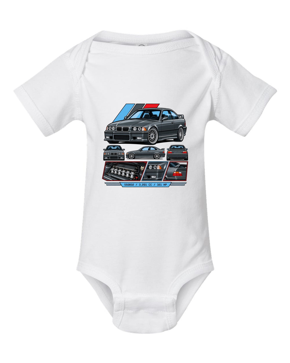 Cel-shaded anime night touge print of a BMW E36 M3 with slide now fix the diff later text white baby onesie front view with the design