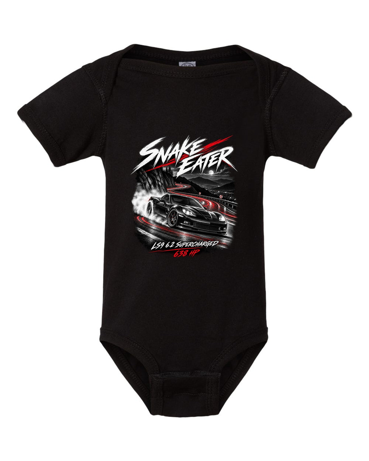 Corvette C6 ZR1 supercharged on a night mountain road black baby onesie front view with the design