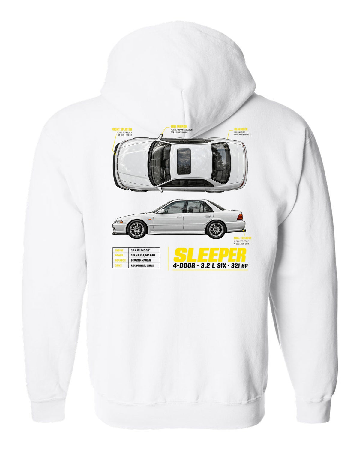 BMW E36 M3 sedan spec poster print with sleeper 4-door 3.2 L six and 321 HP text white zip hoodie back view with the design