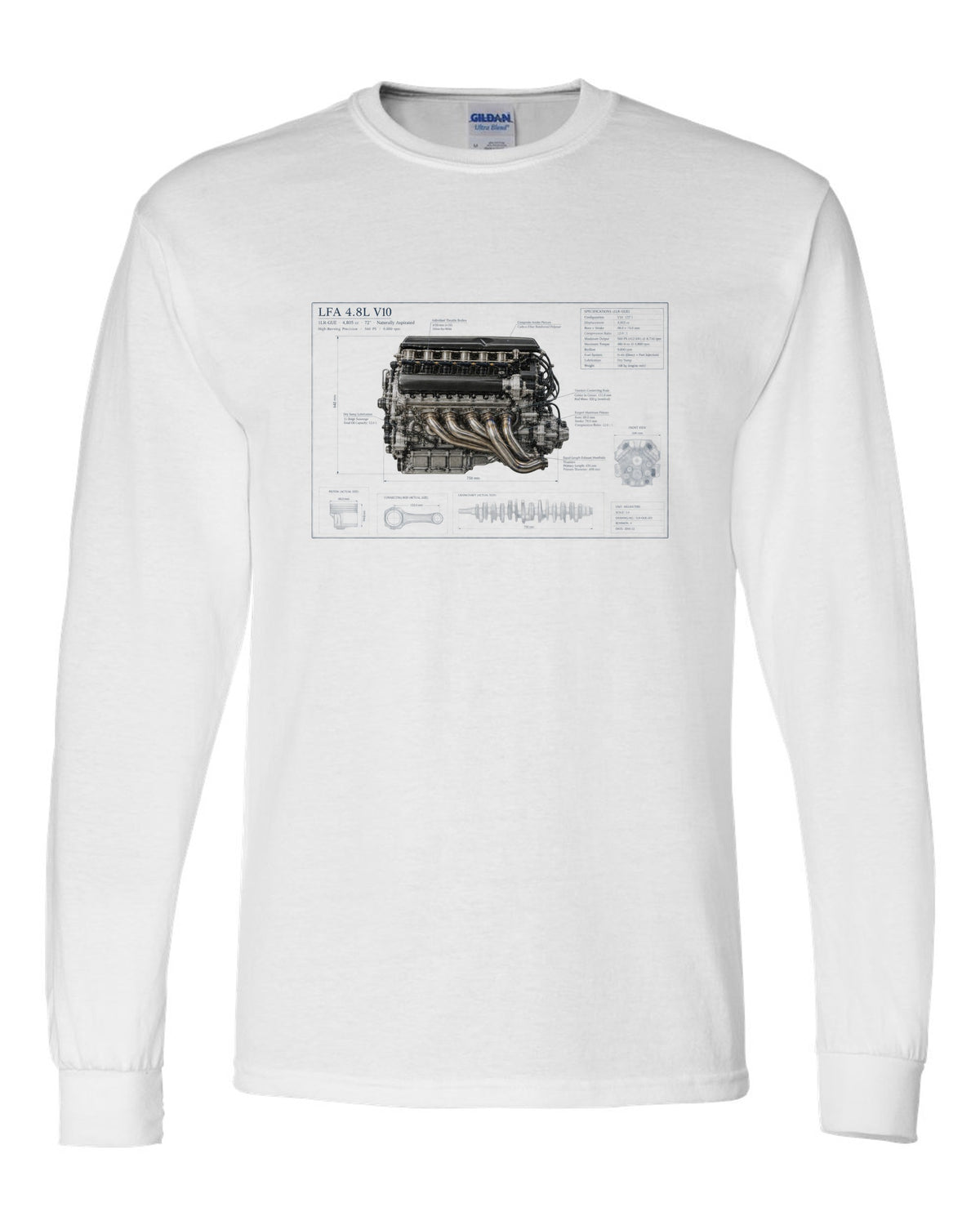 Aero cutaway callouts on the Lexus LFA Nurburgring Package white long sleeve front view with the design