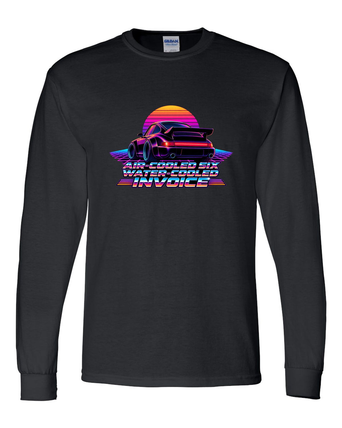 Synthwave gradient print of a Porsche 911 Turbo 964 with air-cooled six water-cooled invoice lettering black long sleeve front view with the design