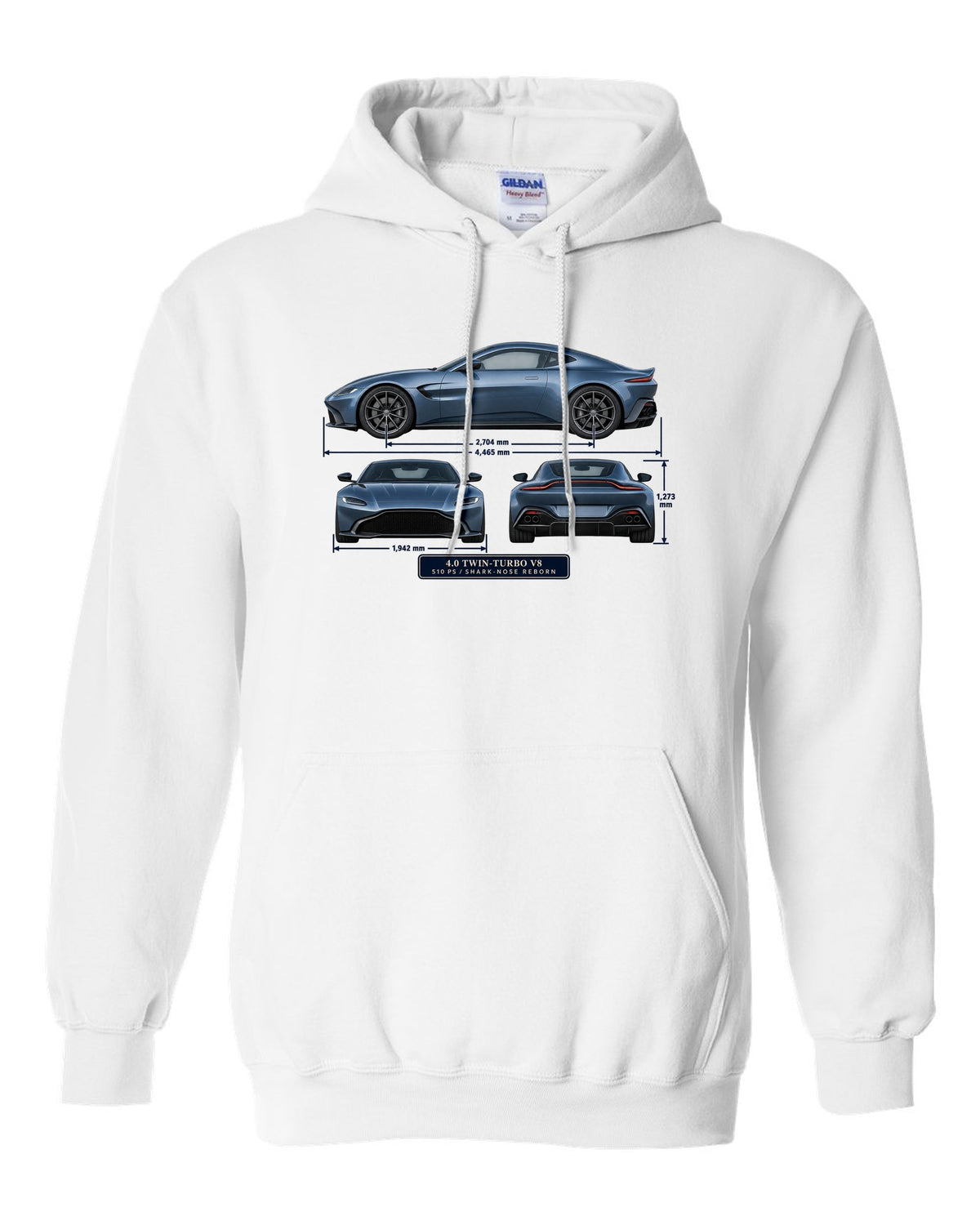 Aston Martin Vantage 2018 three-view print with 4.0 twin-turbo V8 510 PS spec table white pull over hoodie front view with the design