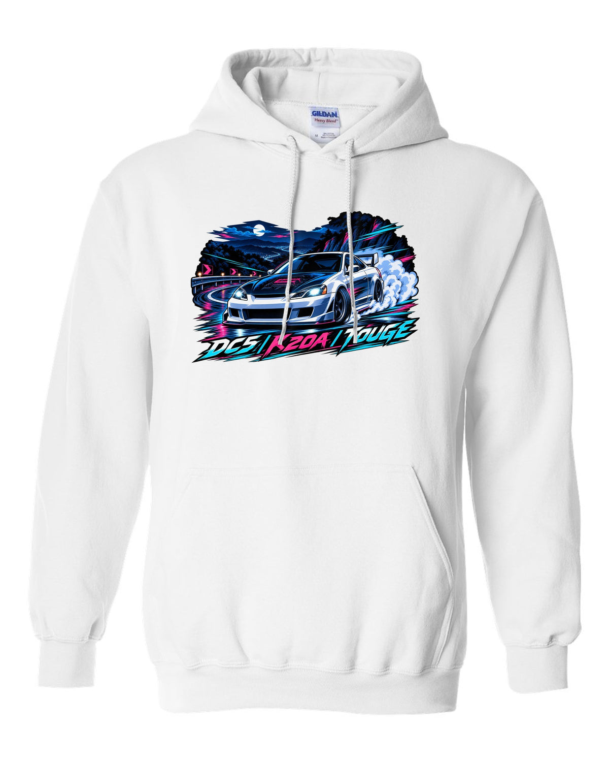 Crest layout print for the Honda Integra Type R DC5 with 6MT only text white pull over hoodie front view with the design