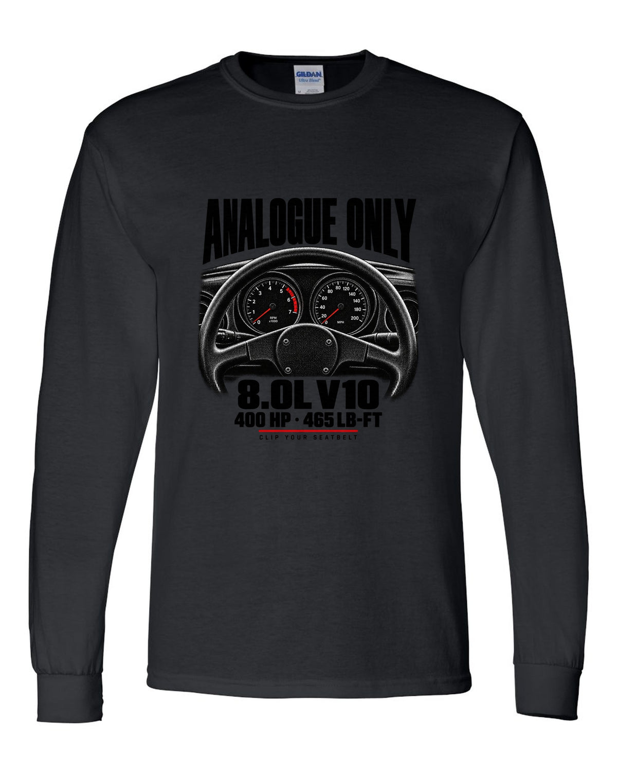 Cockpit gauge print of a 1994 Dodge Viper RT/10 SR I with analogue only and 8.0L V10 text black long sleeve front view with the design