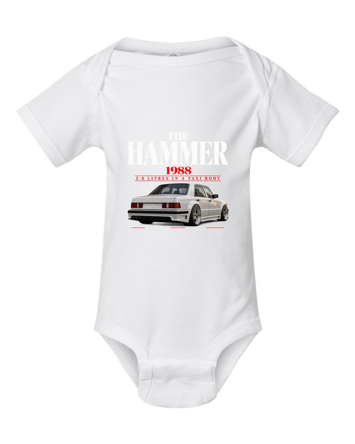 Mercedes 300E 5.6 AMG Hammer W124 editorial print with 1988 headline white baby onesie front view with the design