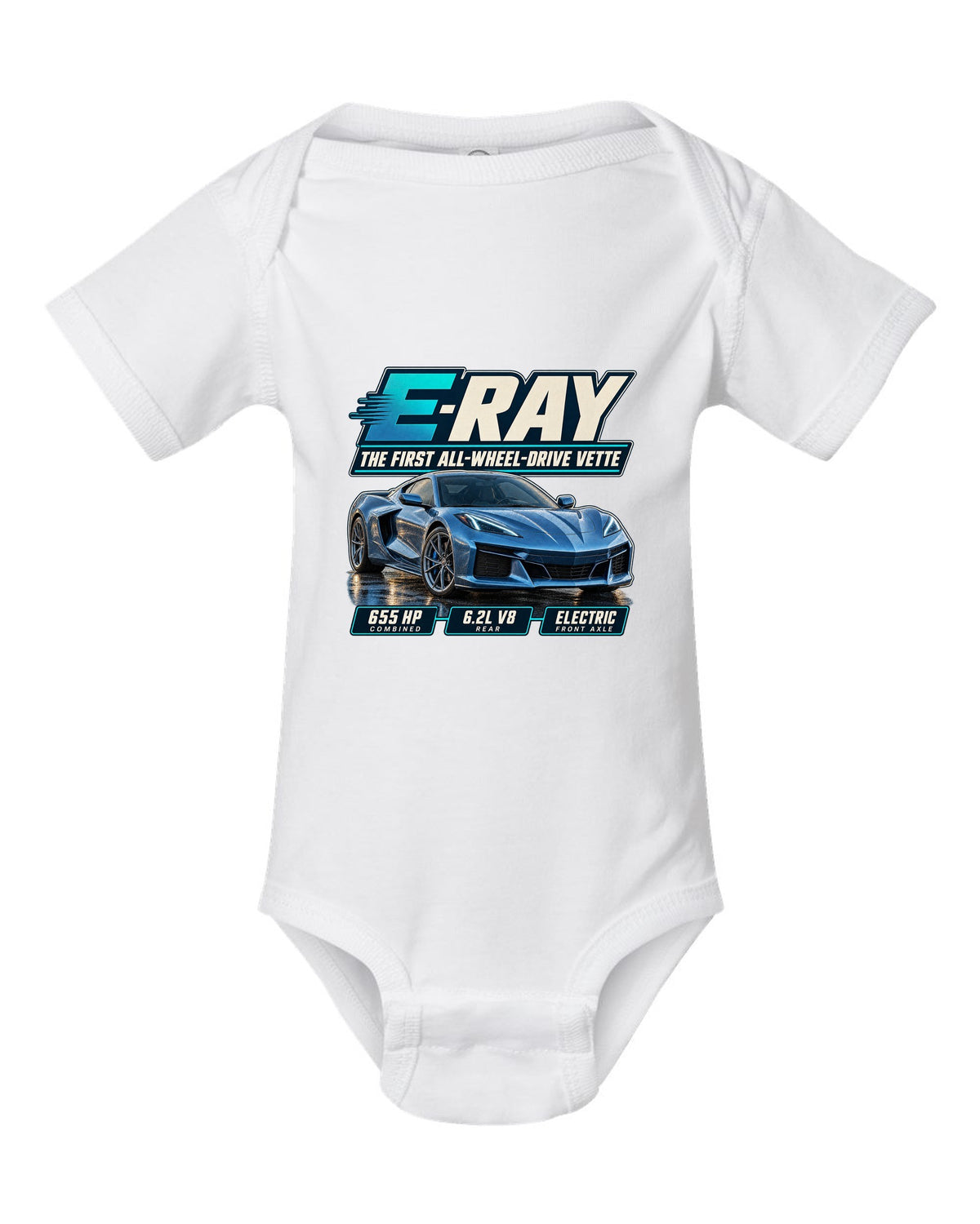 Editorial headline print of a Chevrolet Corvette C8 E-Ray, the first all-wheel-drive Vette white baby onesie front view with the design