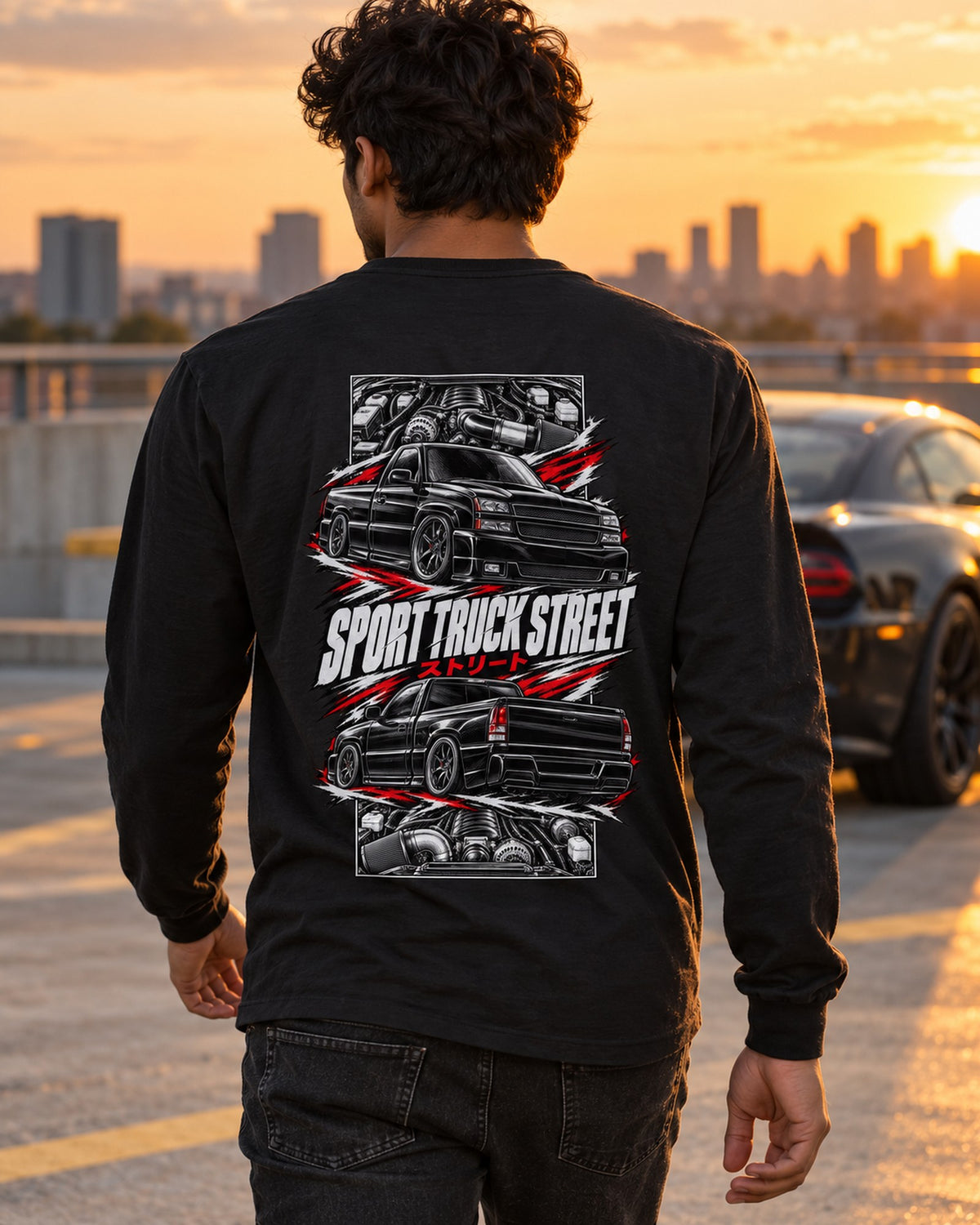 Chevy Silverado SS Torn Poster Full-Back Graphic Tee Long Sleeve Black worn hero