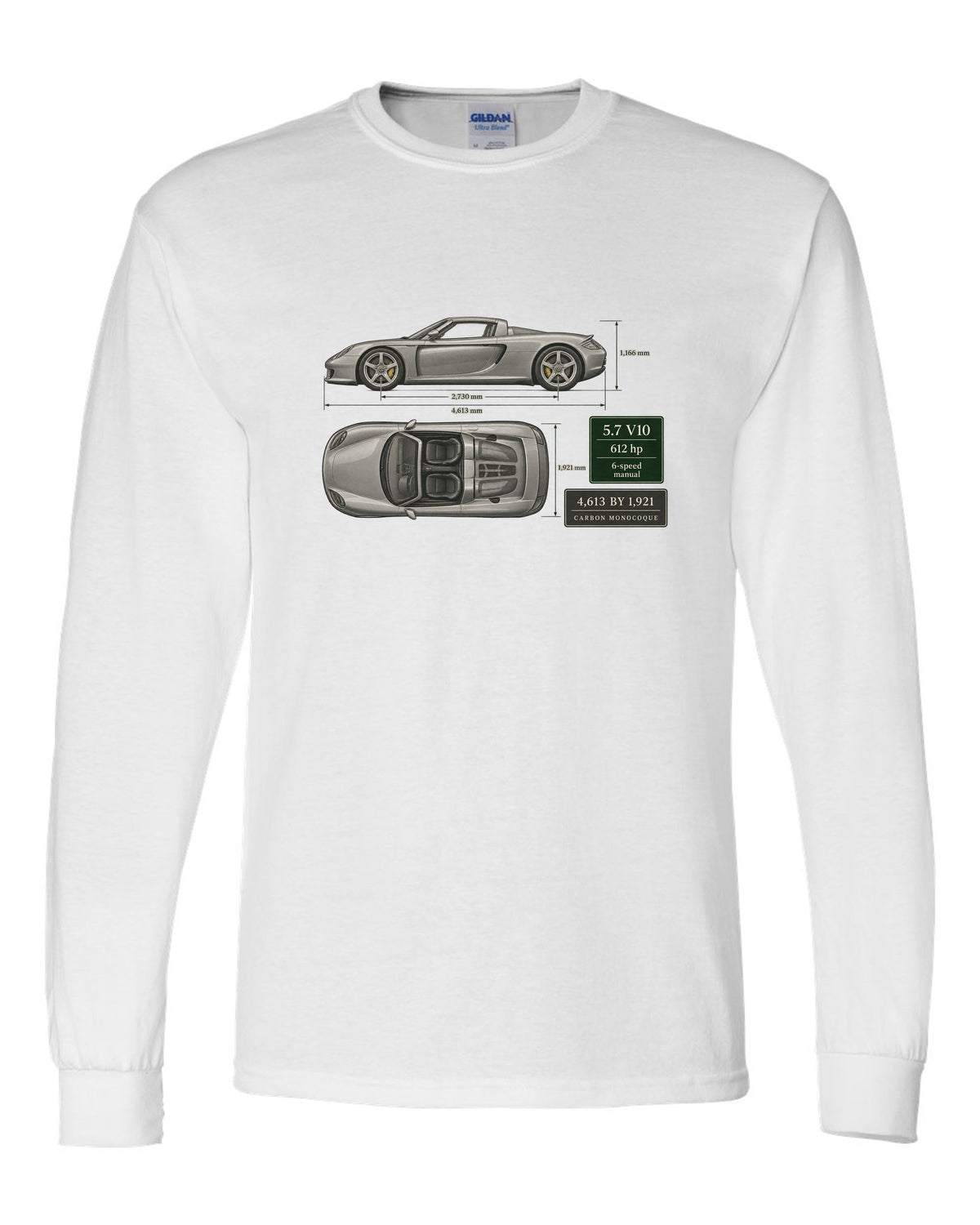 Porsche Carrera GT top view dimension blueprint print design white long sleeve front view with the design