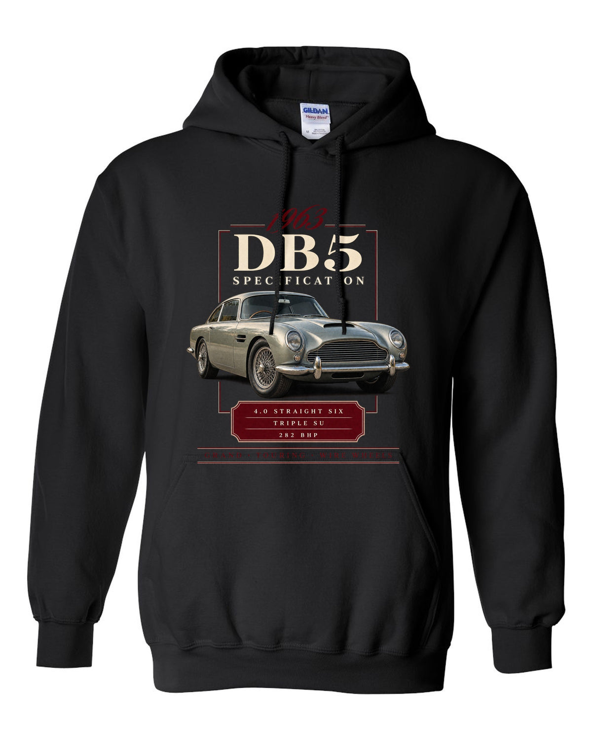 Aston Martin DB5 wire wheel archive specification panel black pull over hoodie front view with the design