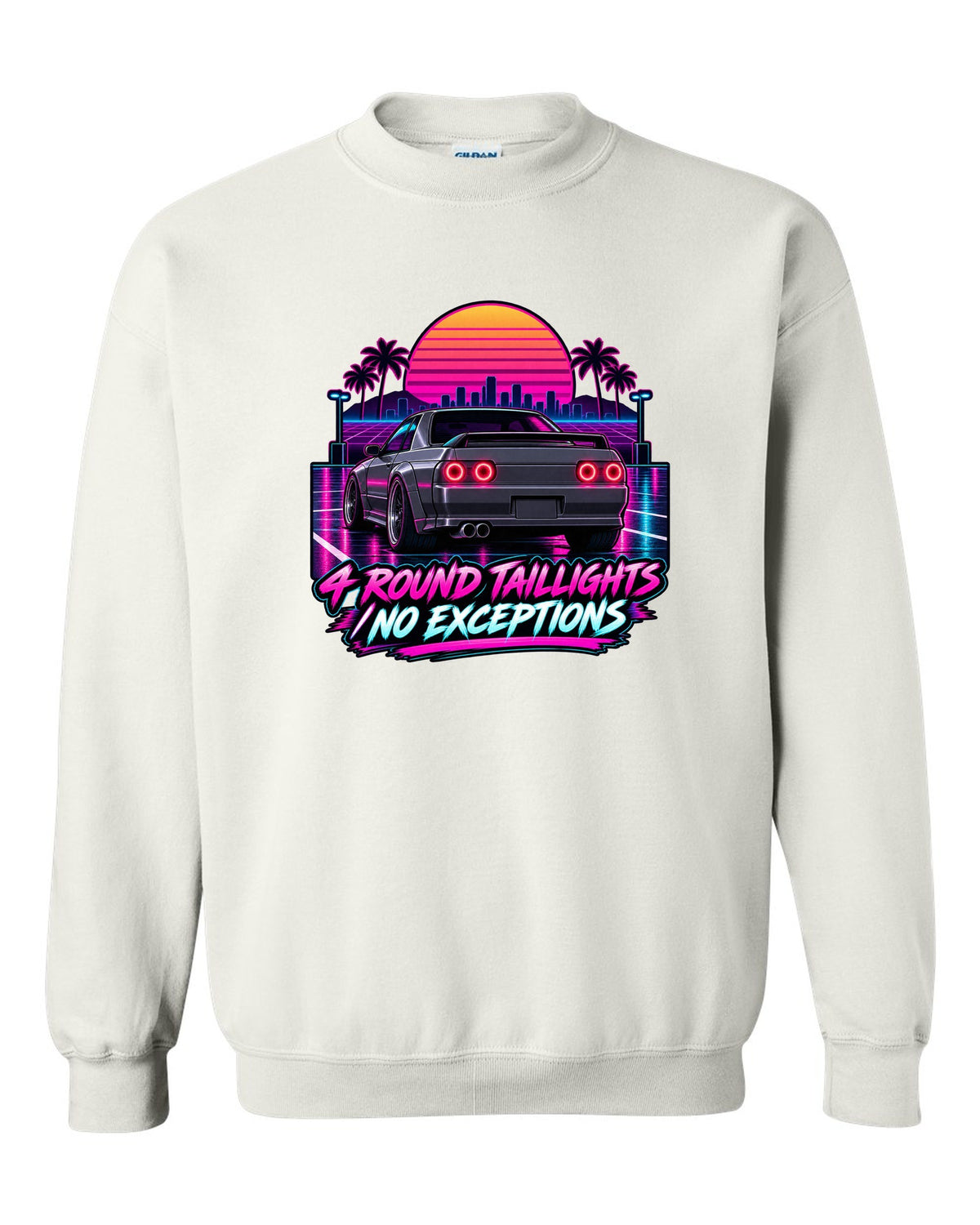 Neon synthwave print of a Nissan Skyline GT-R R32 BNR32 rear with four round taillights white crewneck front view with the design