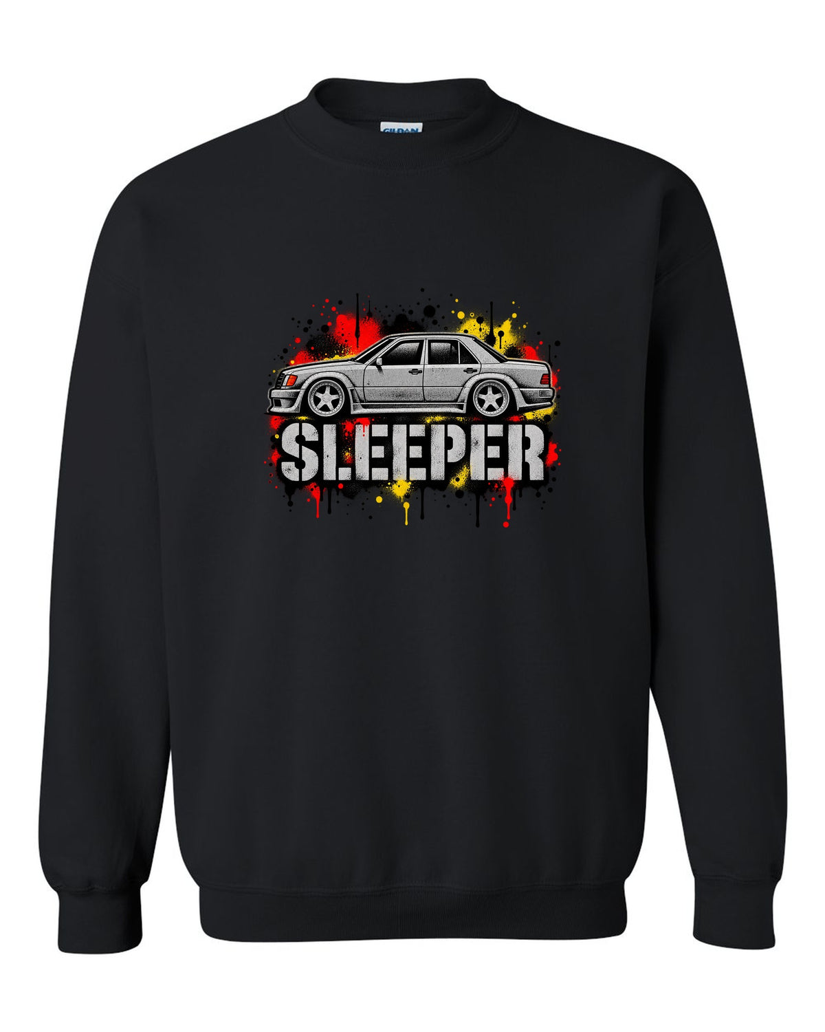 Embroidery-style varsity crest of a Mercedes 300E 5.6 Hammer W124 black crewneck front view with the design