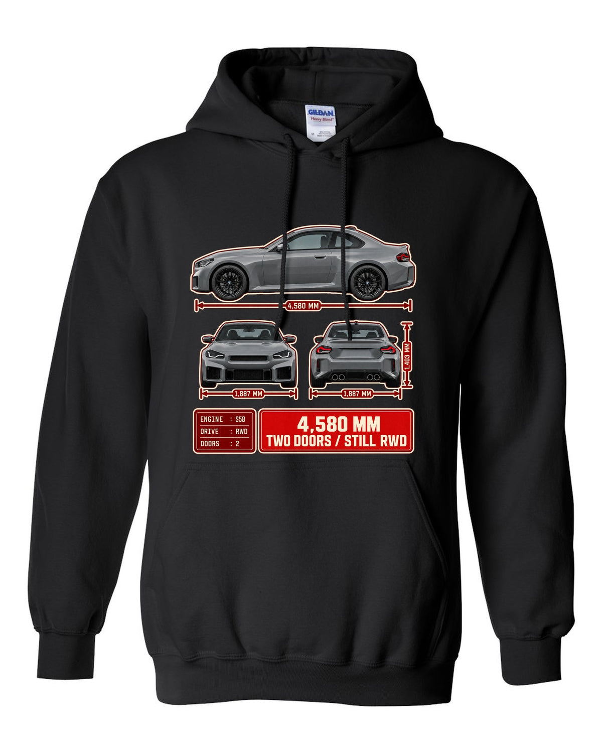 BMW M2 G87 three-view drawing with spec table noting 4,580 mm and rear-wheel drive black pull over hoodie front view with the design