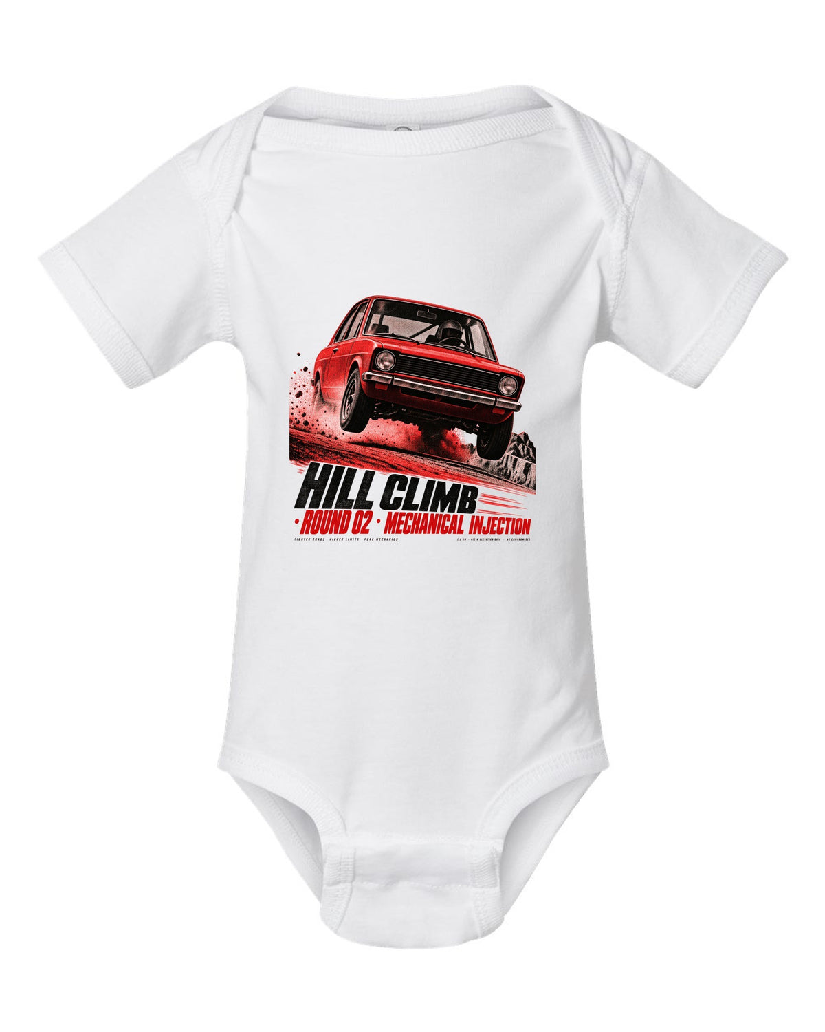 BMW 2002 tii hill climb race poster print with mechanical injection text white baby onesie front view with the design