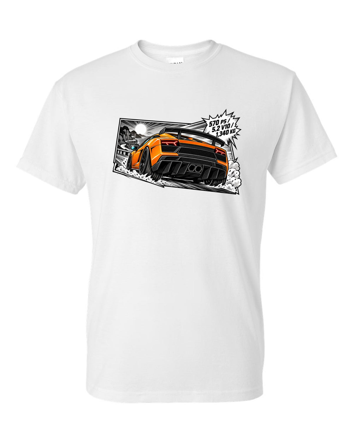 Retro manga halftone panel of a Lamborghini Gallardo LP570-4 Superleggera with spec text white t-shirt front view with the design