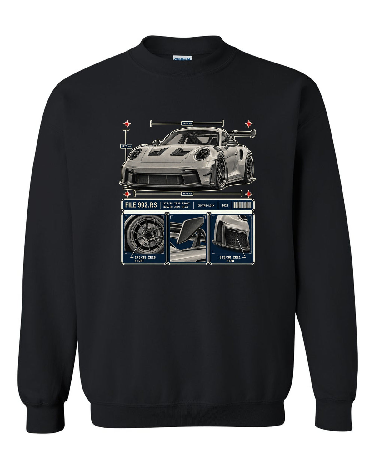 Porsche 992 GT3 RS dossier panels print design black crewneck front view with the design