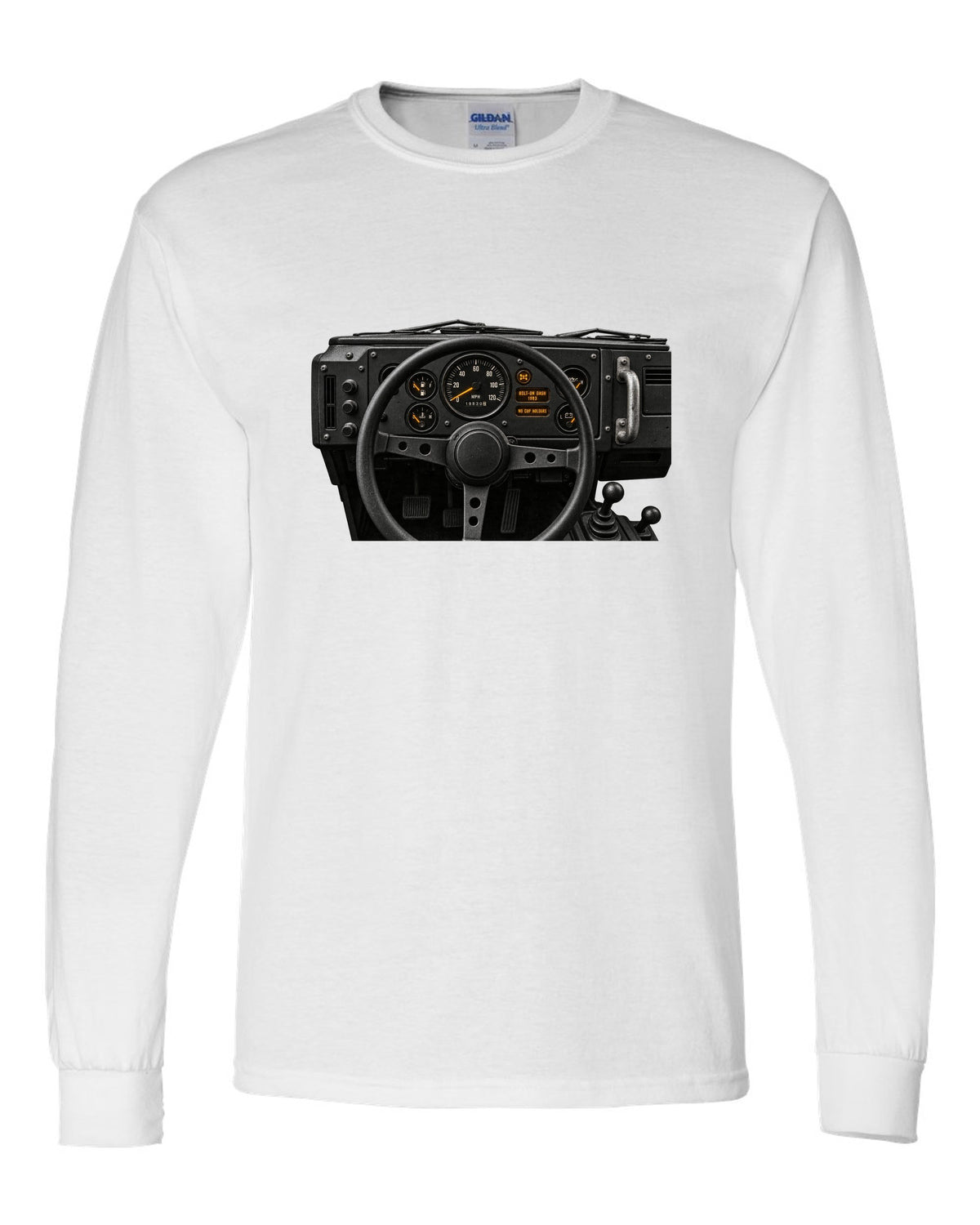 Land Rover Defender 110 cockpit gauge print with bolt-on dash text white long sleeve front view with the design