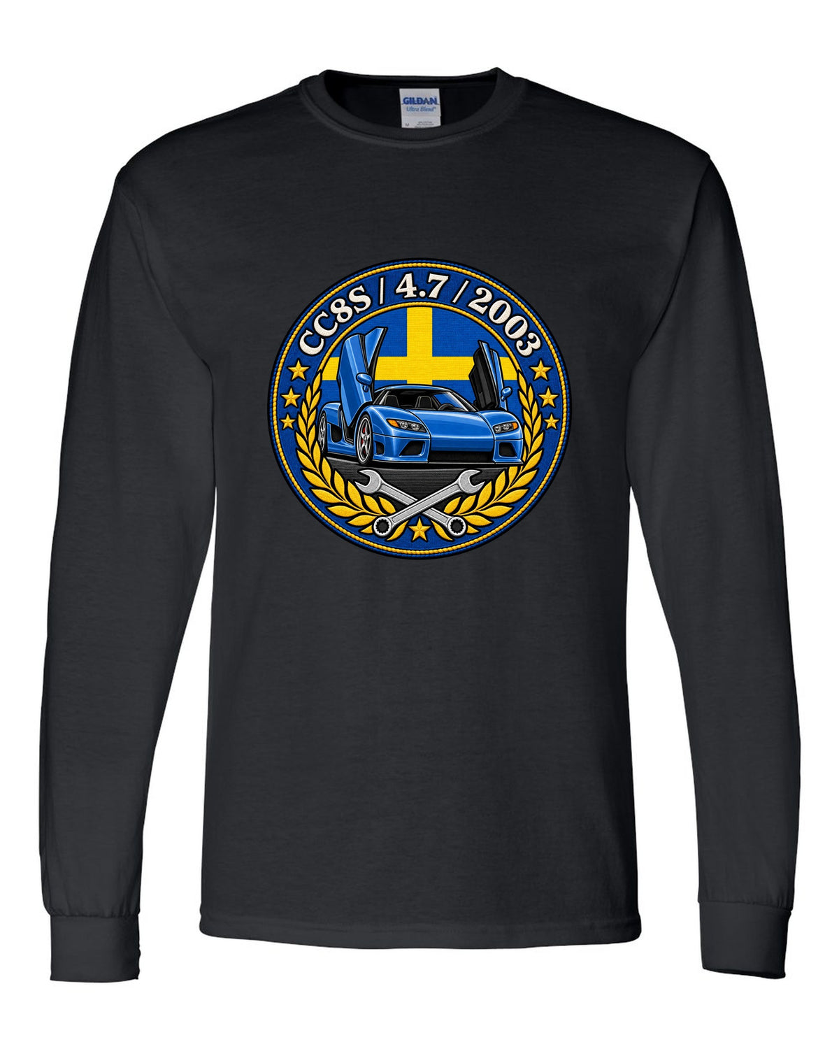 Varsity-style garage crest design for the Koenigsegg CC8S with CC8S 4.7 2003 lettering black long sleeve front view with the design