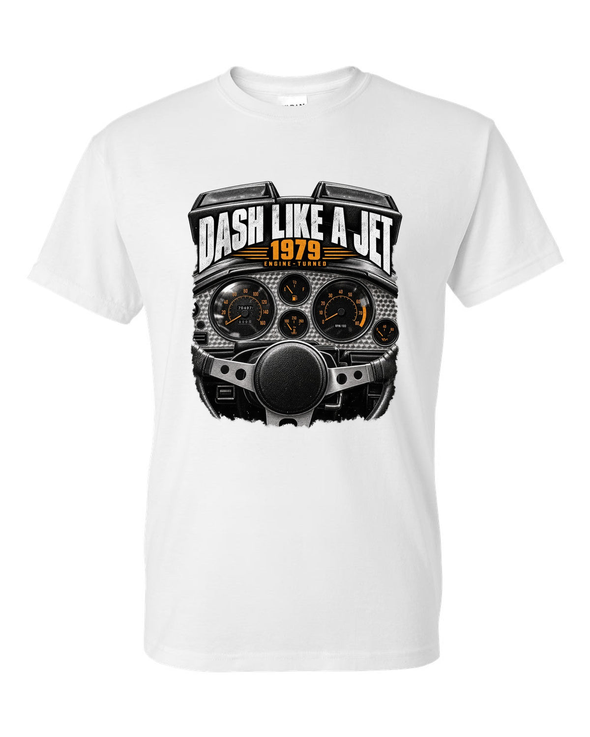 print of a 1979 Pontiac Firebird cockpit with engine-turned dash panel white t-shirt front view with the design