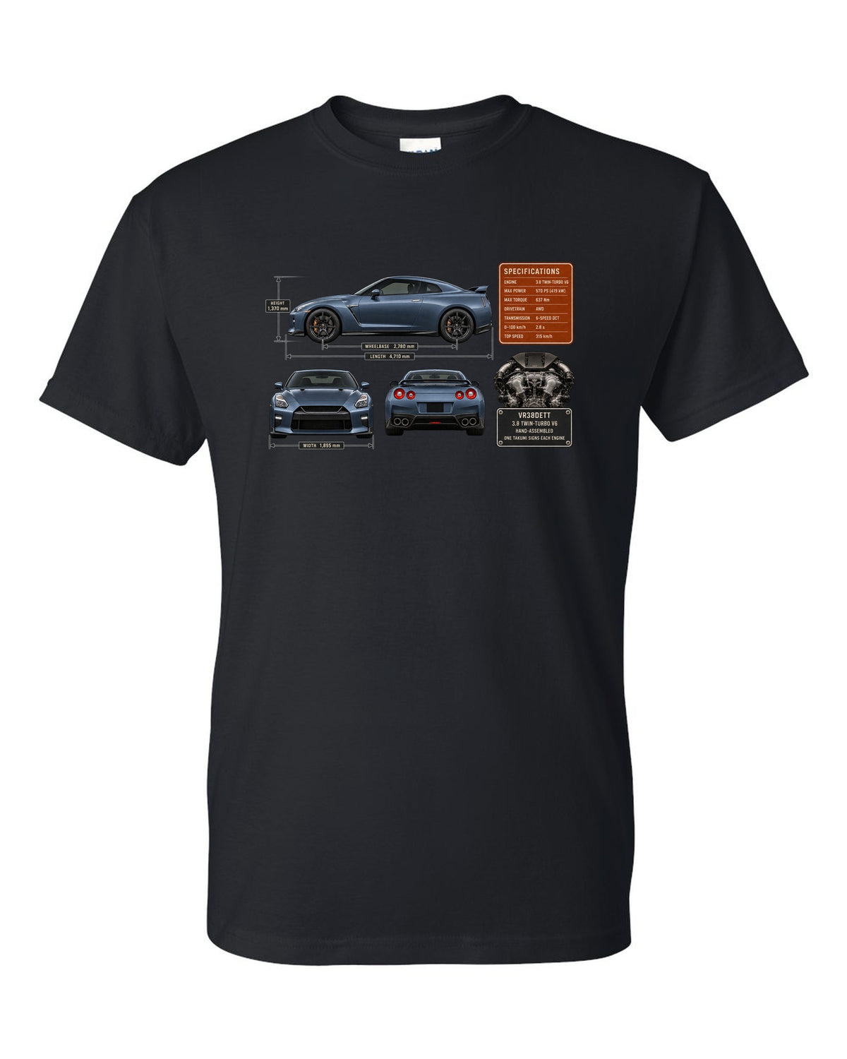 print dimension blueprint of a Nissan GT-R R35 in steel blue black t-shirt front view with the design