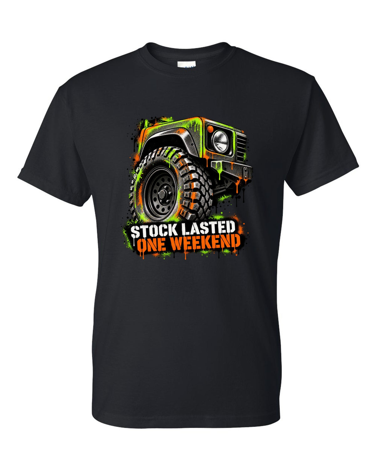 Jeep Wrangler TJ stencil spray street art design reading stock lasted one weekend black t-shirt front view with the design