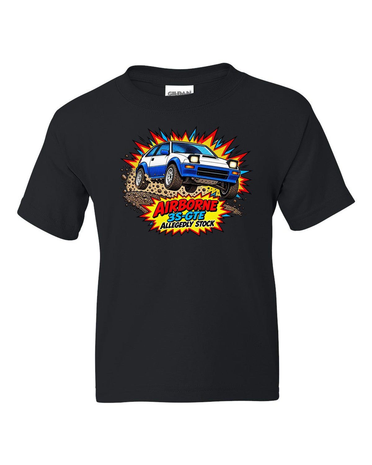 Comic halftone pop art of a Toyota Celica GT-Four ST165 jumping on gravel black kids tee front view with the design