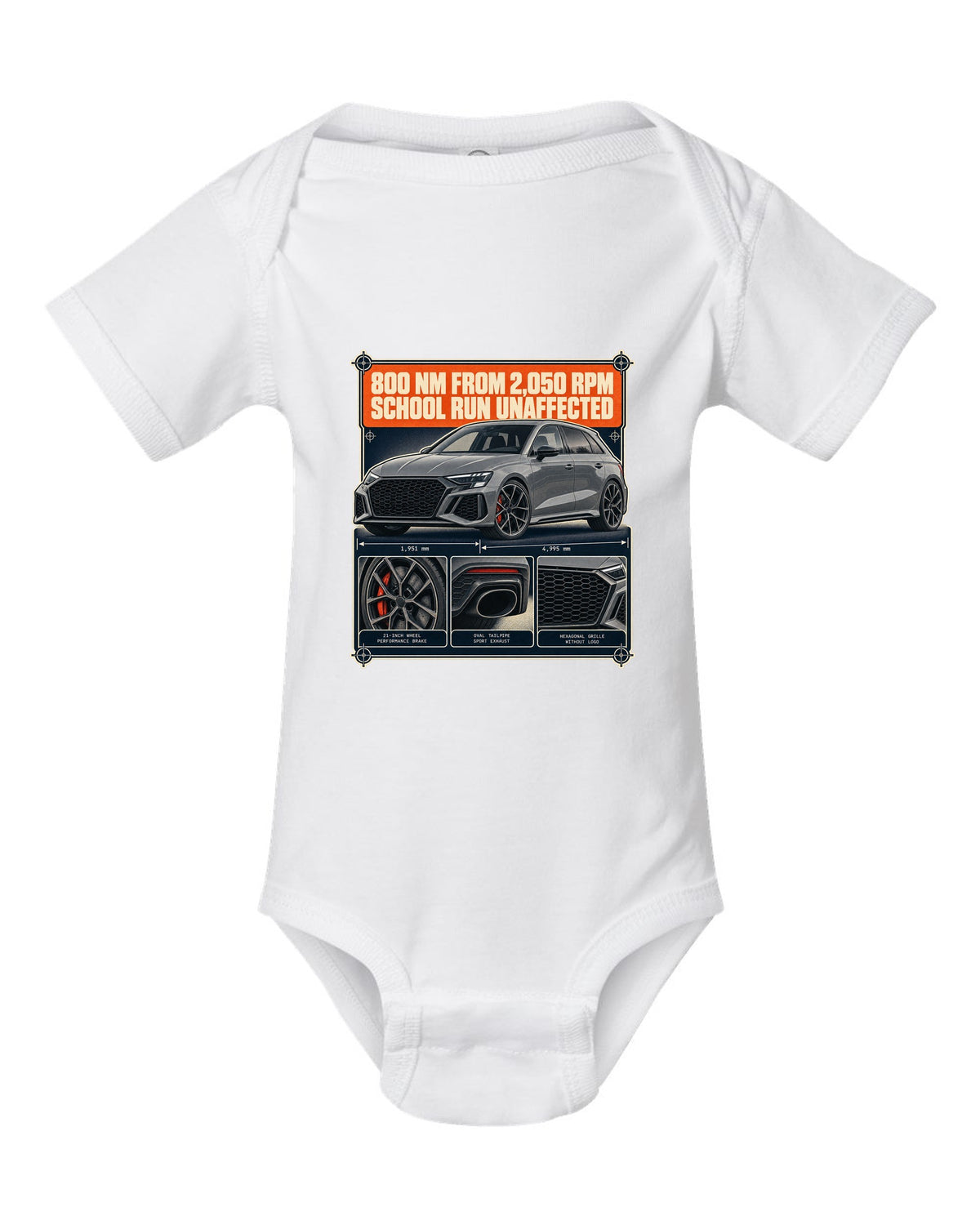 Dossier panels for the Audi RS6 Avant C8 noting 800 Nm from 2,050 rpm white baby onesie front view with the design