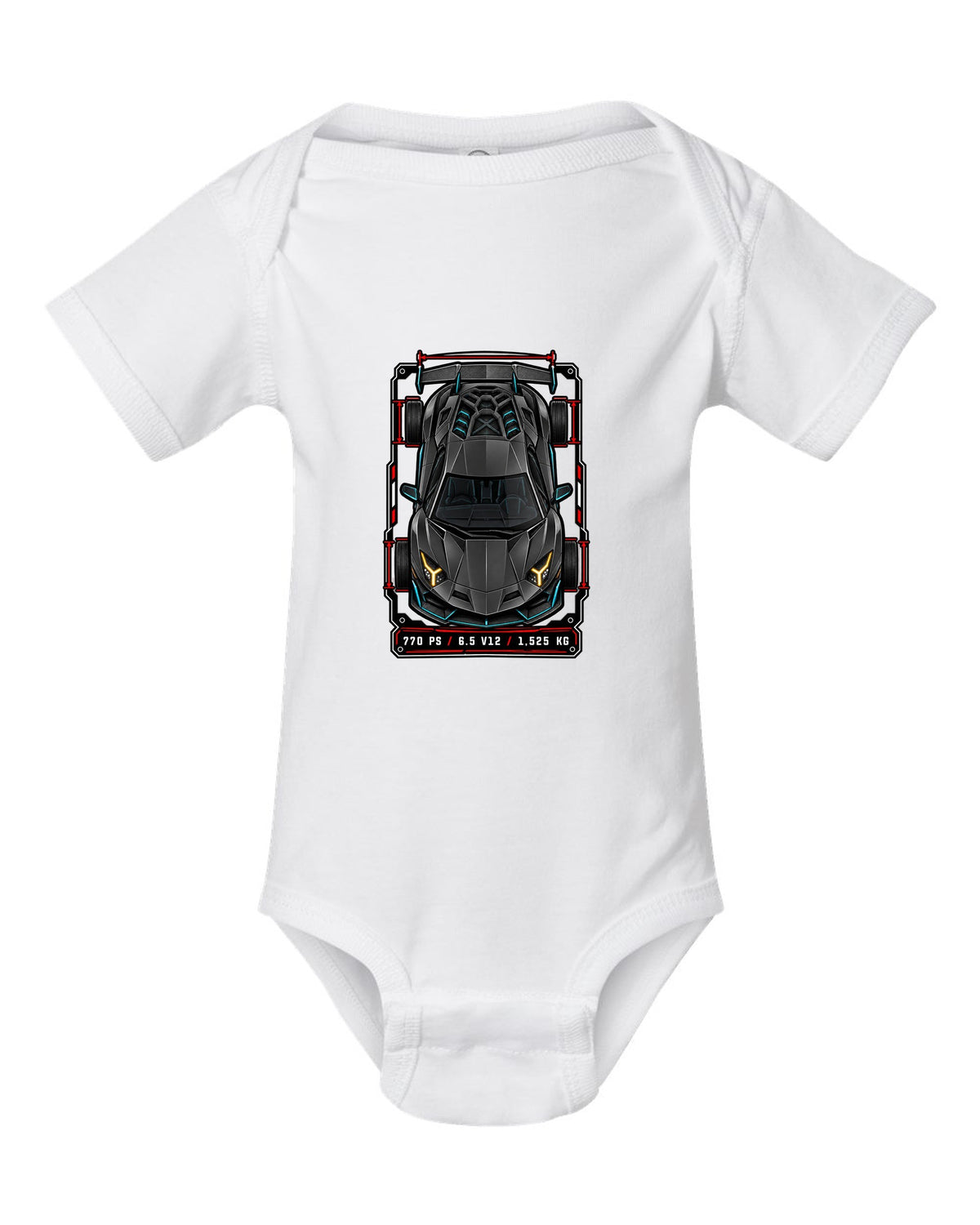 Spec-sheet data plate with a top-down Lamborghini Aventador SVJ LP770-4 and the text 770 PS / 6.5 V12 / 1,525 KG white baby onesie front view with the design