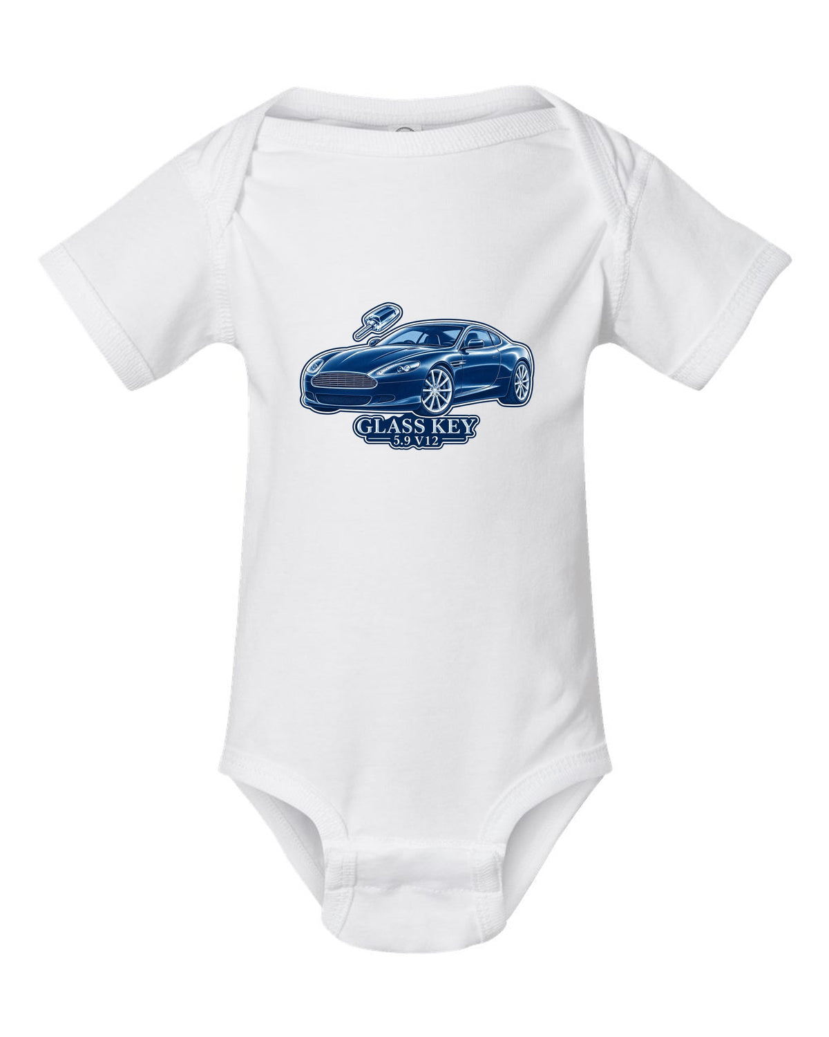 Cel-shaded anime night street print of a 2005 Aston Martin V8 Vantage in rain with glass key lettering white baby onesie front view with the design
