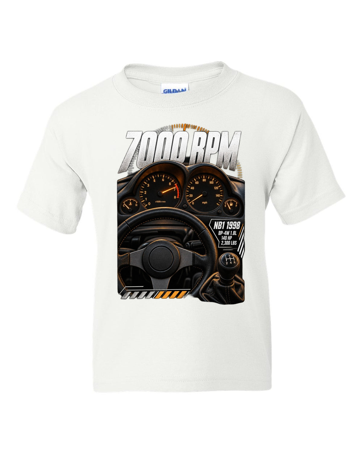 Cockpit gauge print for the 1998 Mazda MX-5 NB1 with 7000 rpm, BP-4W 1.8L and 140 HP white kids tee front view with the design
