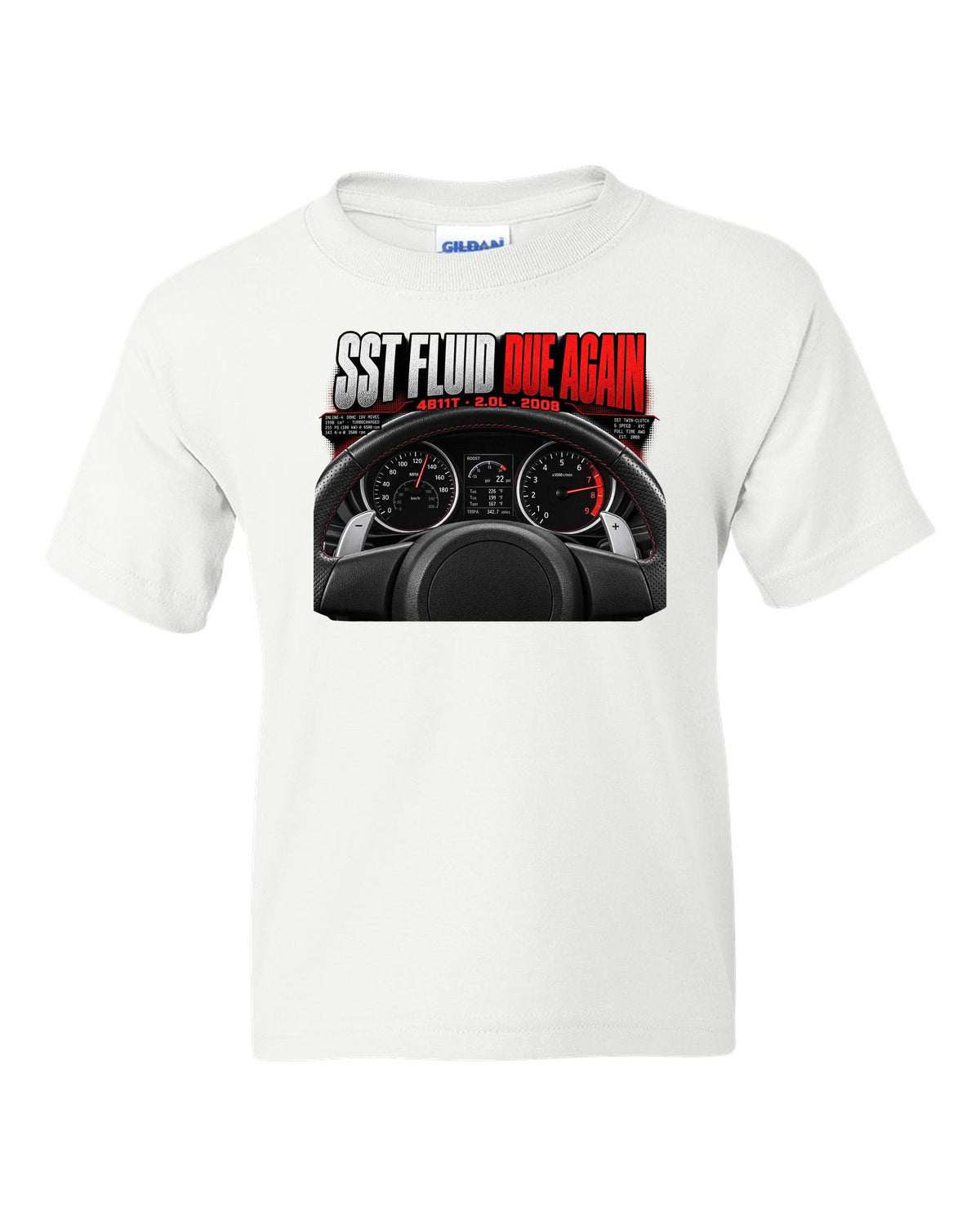 Mitsubishi Lancer Evolution X cockpit gauge print with SST fluid reminder text white kids tee front view with the design