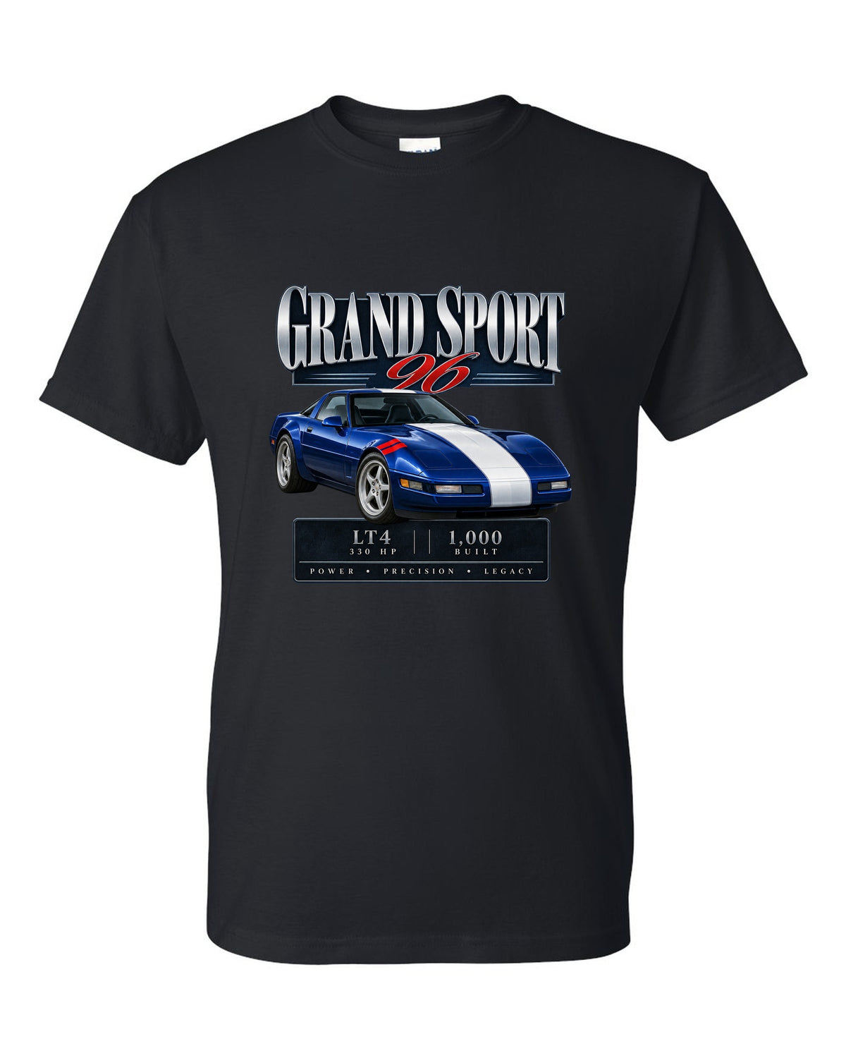 Chevrolet Corvette C4 Grand Sport 1996 archive panel print black t-shirt front view with the design