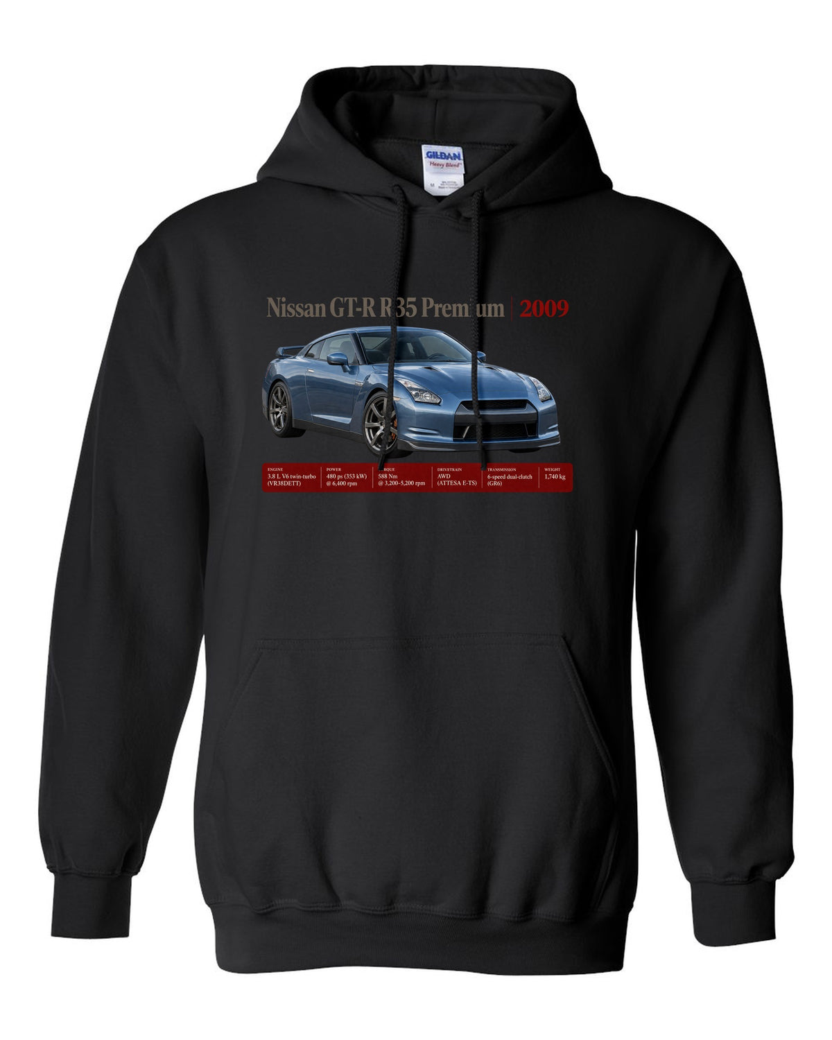 Nissan GT-R R35 2009 Premium archive panel poster black pull over hoodie front view with the design