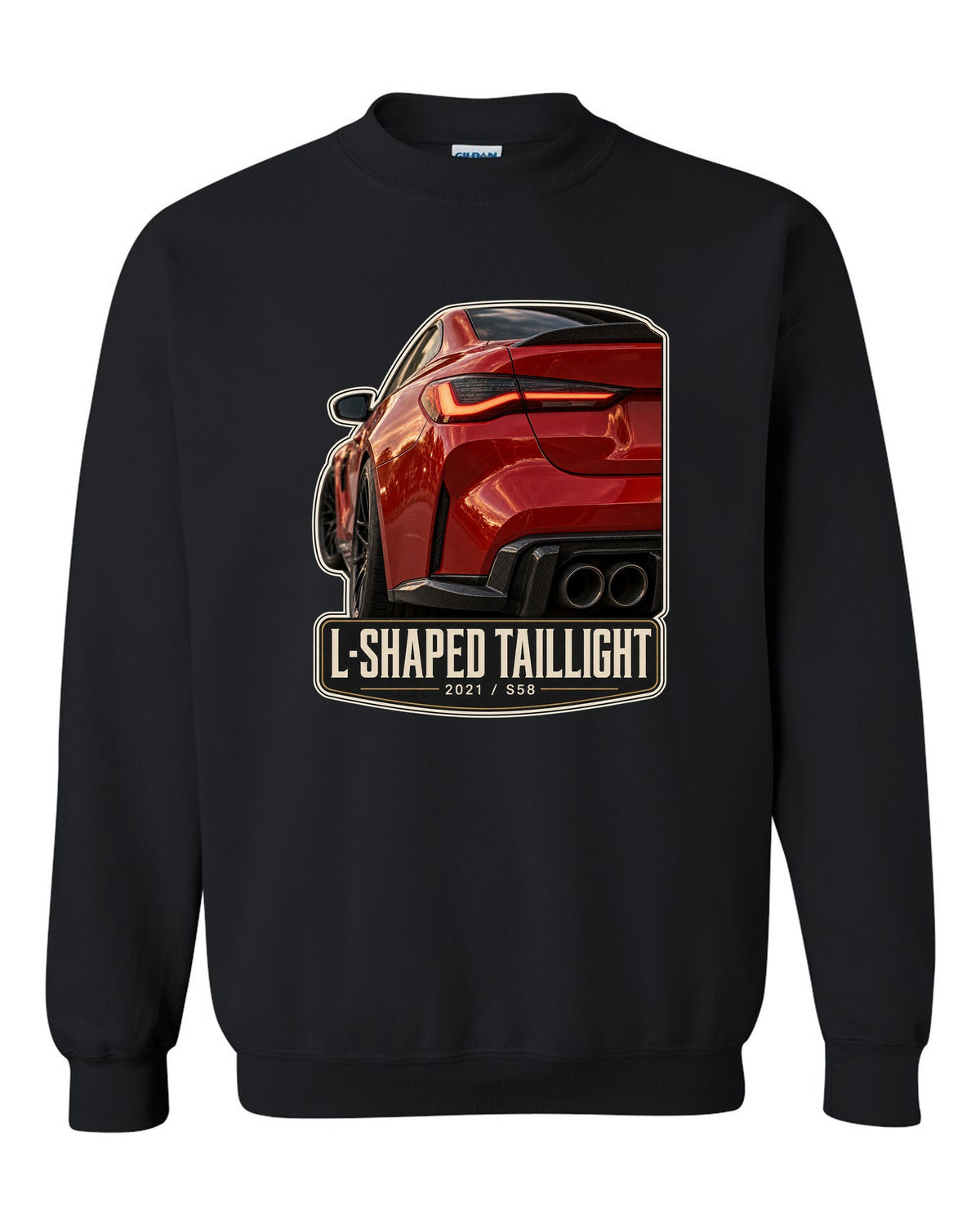 BMW M4 Competition G82 L-shaped taillight macro print with 2021 and S58 text black crewneck front view with the design