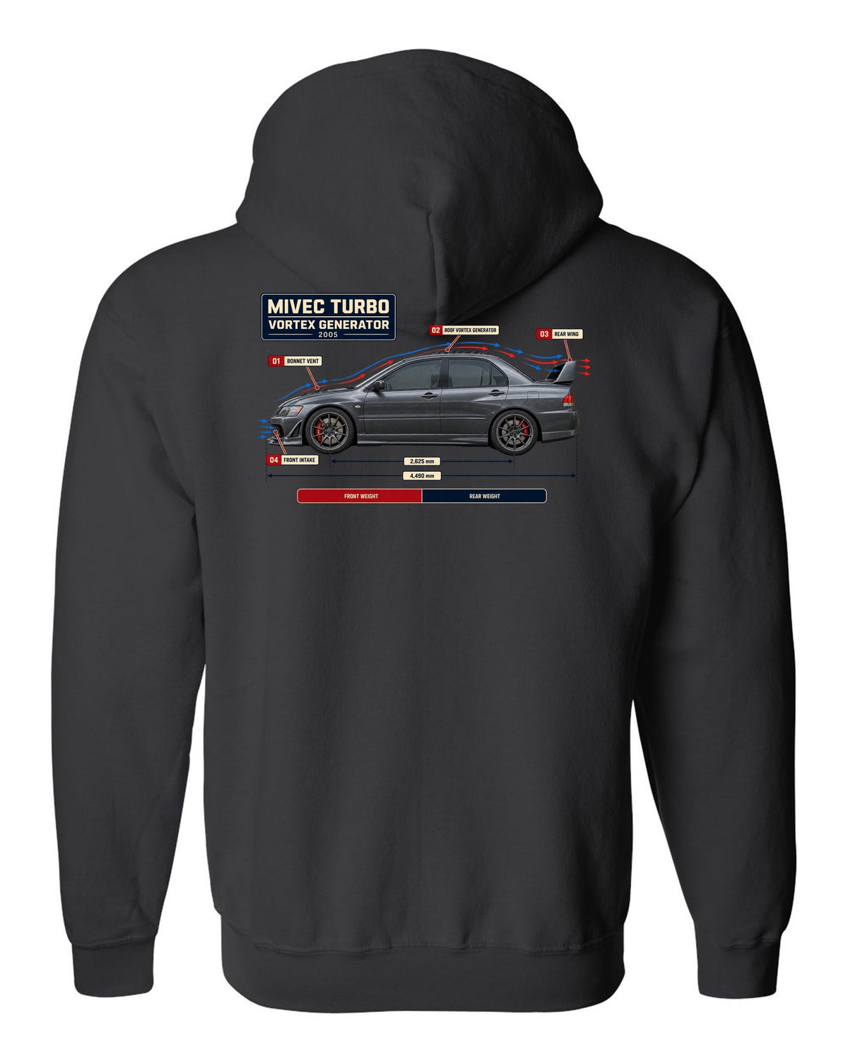 Lancer Evolution IX Aero Callout Diagram Tee, MIVEC Turbo black zip hoodie back view with the design