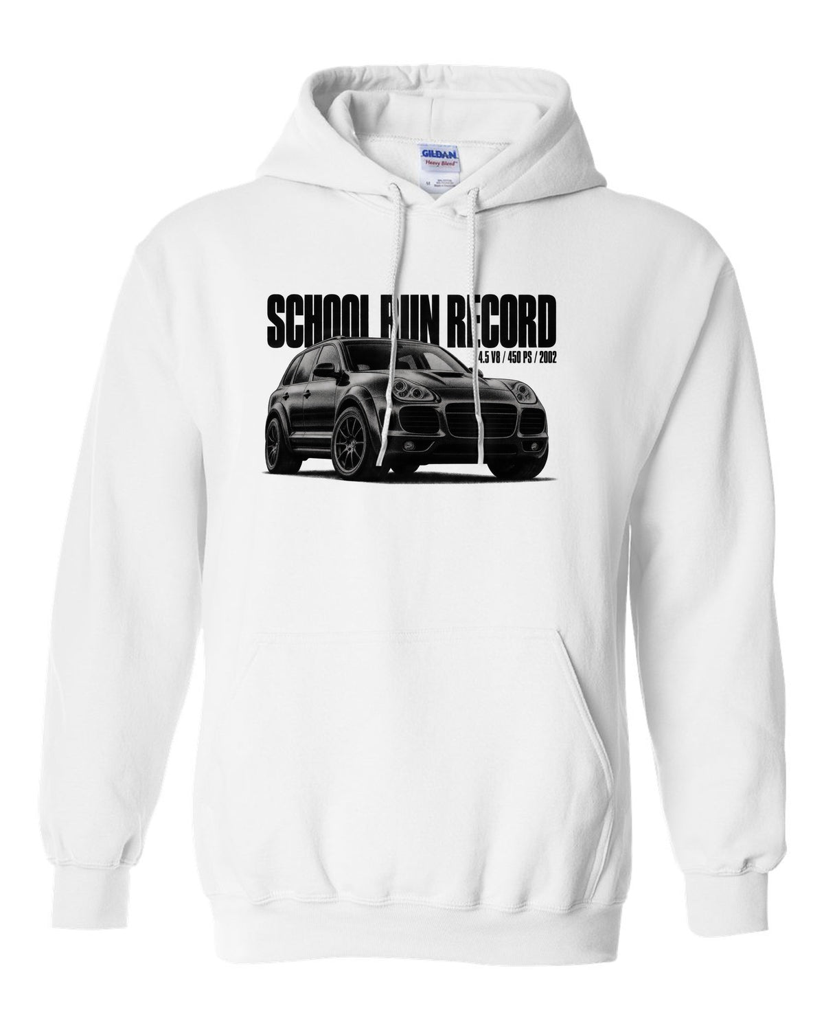 Halftone print of a Porsche Cayenne Turbo 955 with School Run Record caption white pull over hoodie front view with the design