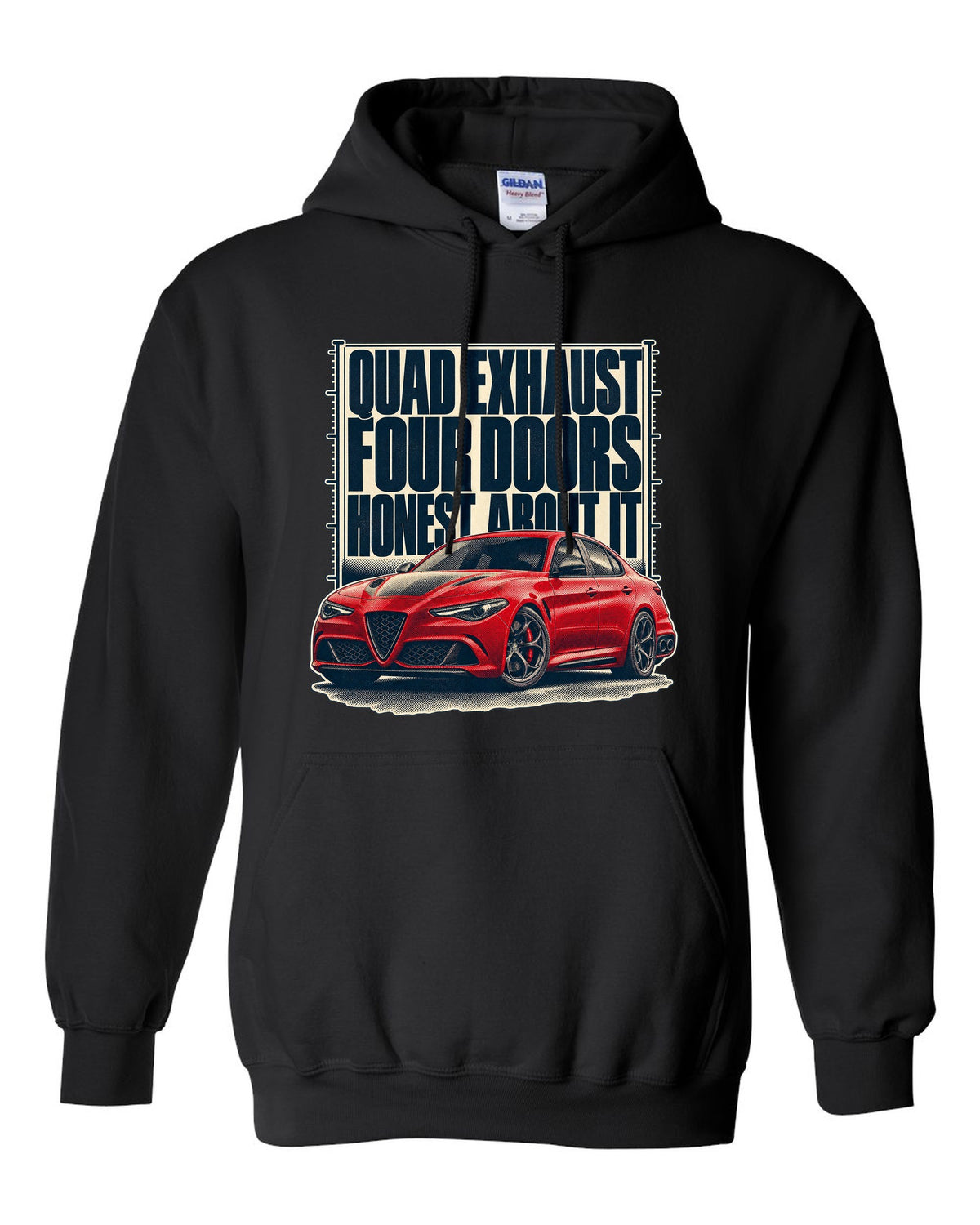 Alfa Romeo Giulia Quadrifoglio halftone statement print black pull over hoodie front view with the design