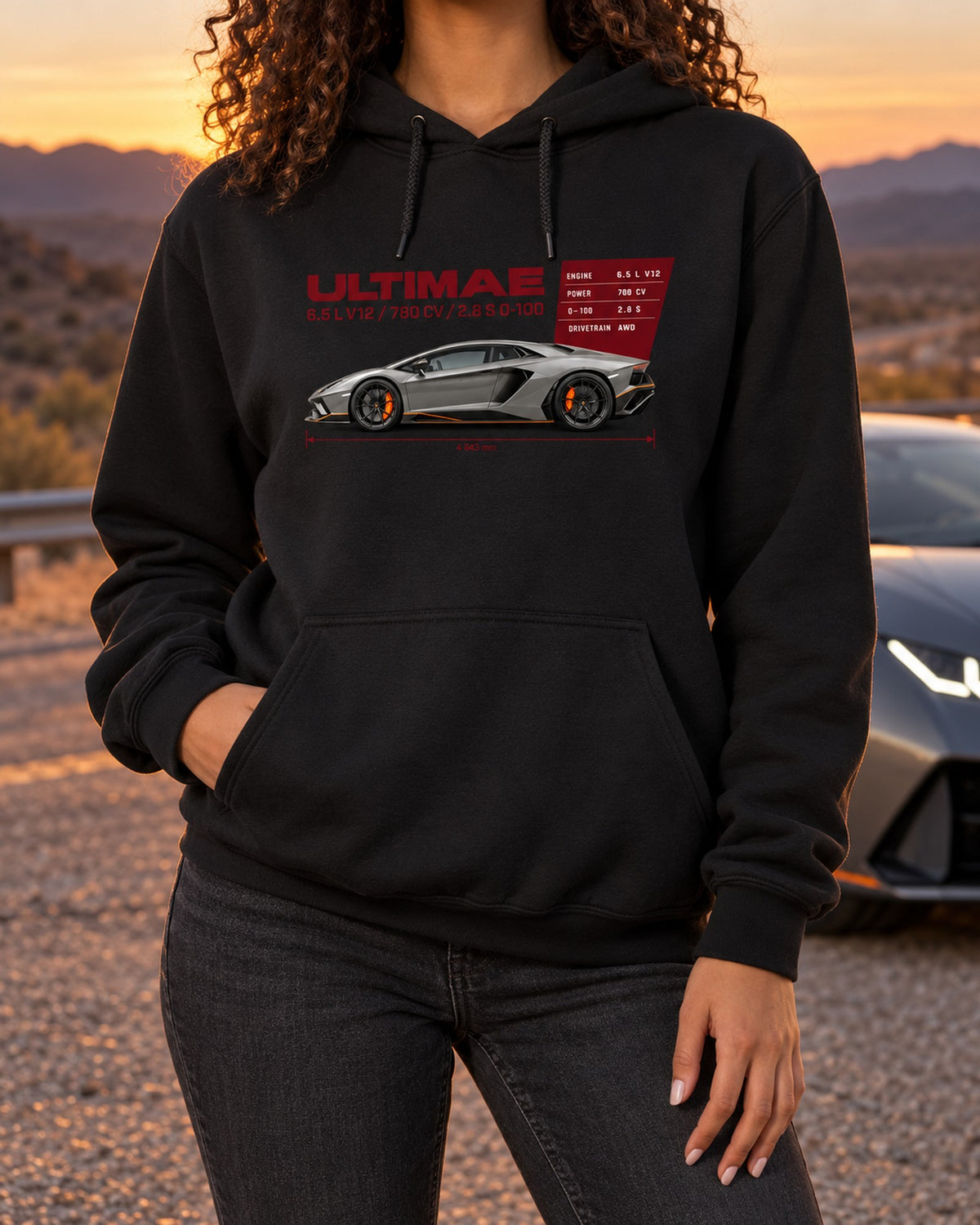 Lamborghini Aventador Ultimae Spec Poster Tee, V12 Fan Pull Over Hoodie Black worn hero