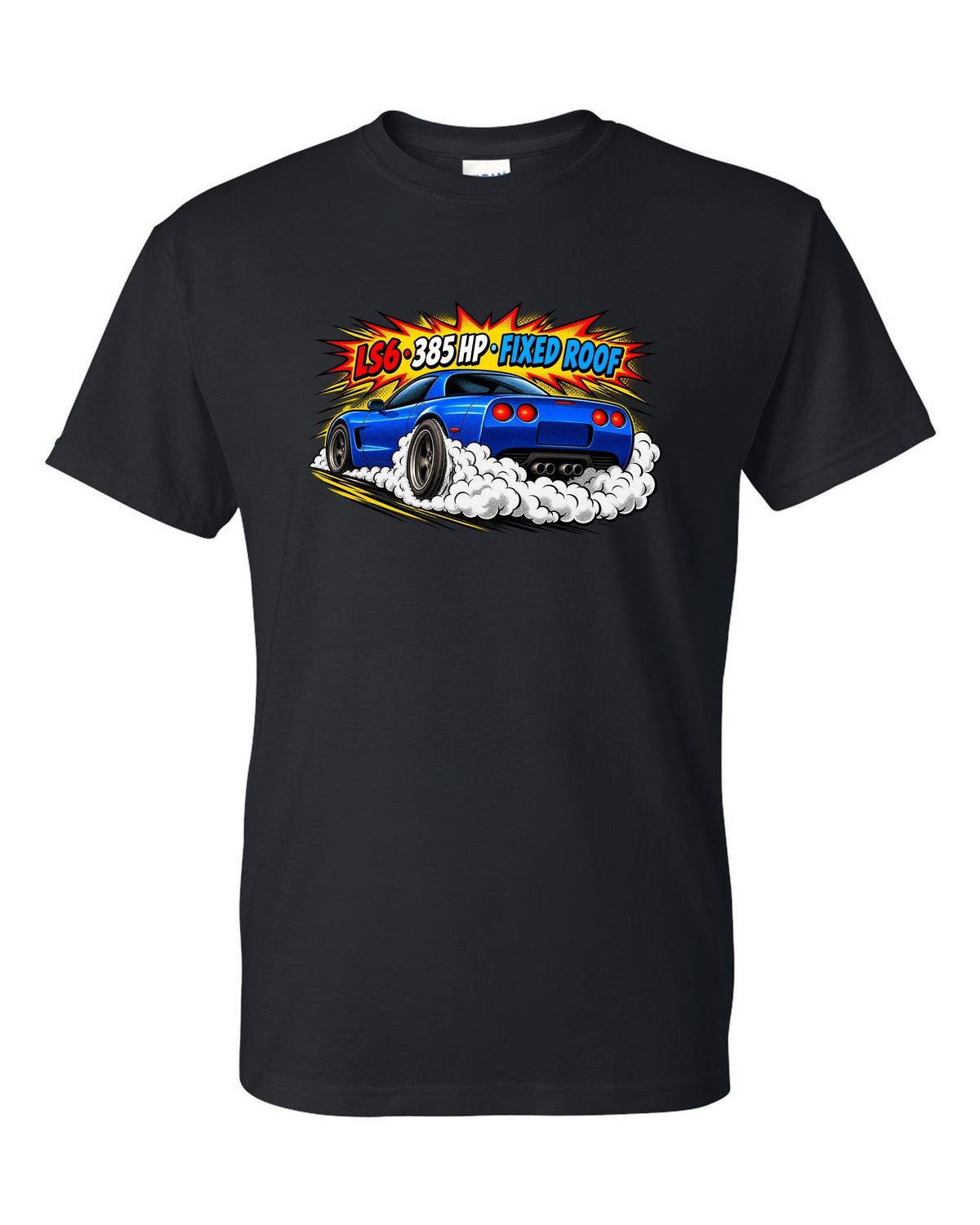 Comic halftone pop-art print of a 2001 Chevrolet Corvette C5 Z06 with LS6 385 HP Fixed Roof text black t-shirt front view with the design