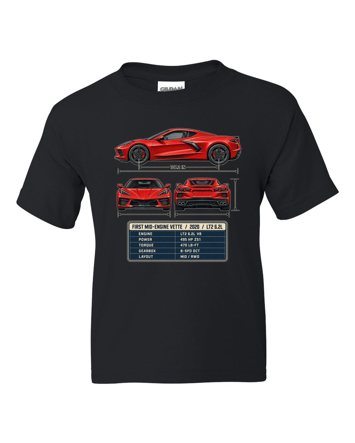 Three-view spec table print of a Chevrolet Corvette C8 Stingray with LT2 6.2L text black kids tee front view with the design