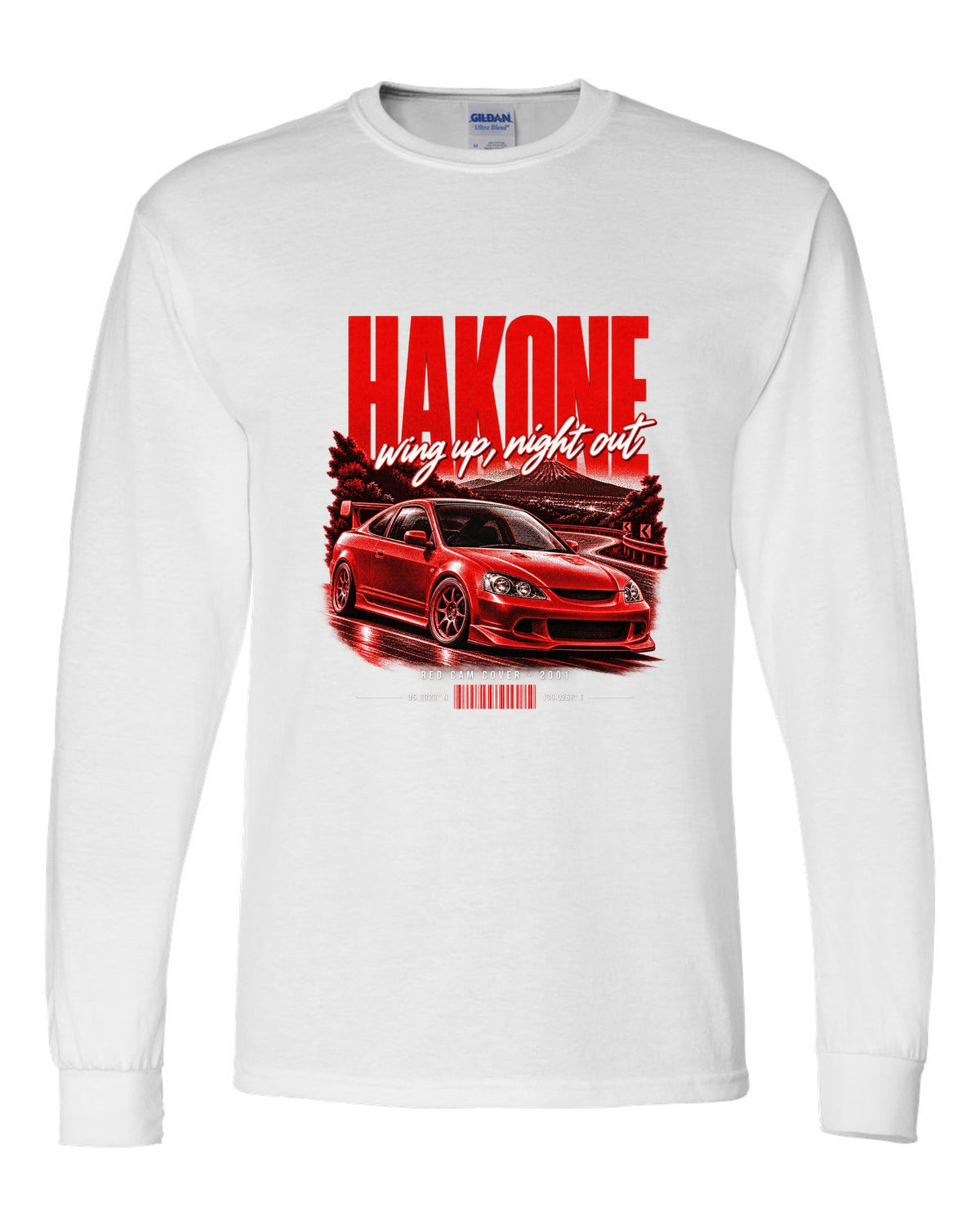 Honda Integra DC5 Type R chback street poster with Hakone and red cam cover text white long sleeve front view with the design