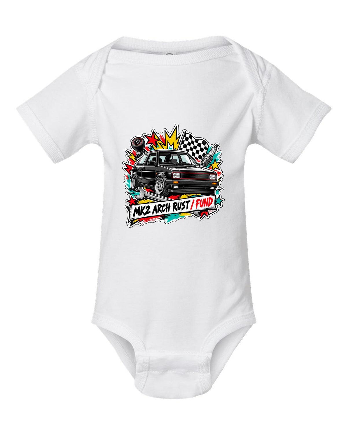 Sticker bomb collage print of a VW Golf Mk2 GTI with arch rust fund text white baby onesie front view with the design