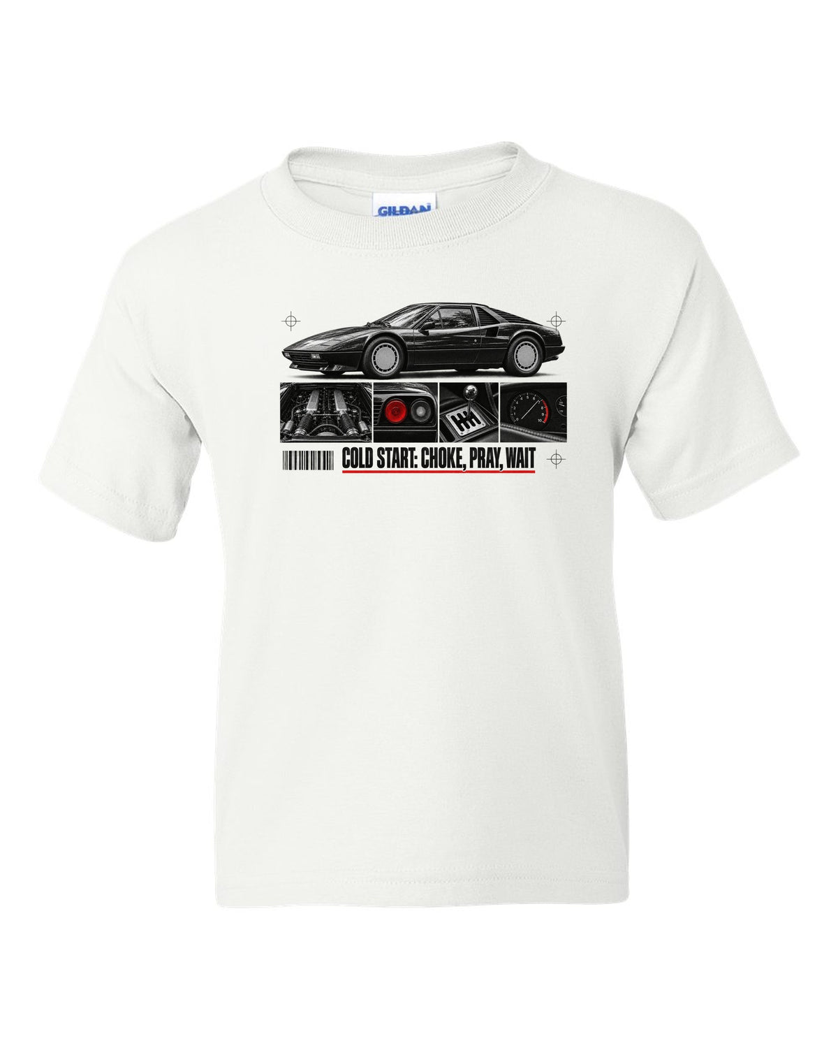 Dossier-panel print of a Ferrari 308 GTB/GTS with the line Cold Start: Choke, Pray, Wait white kids tee front view with the design