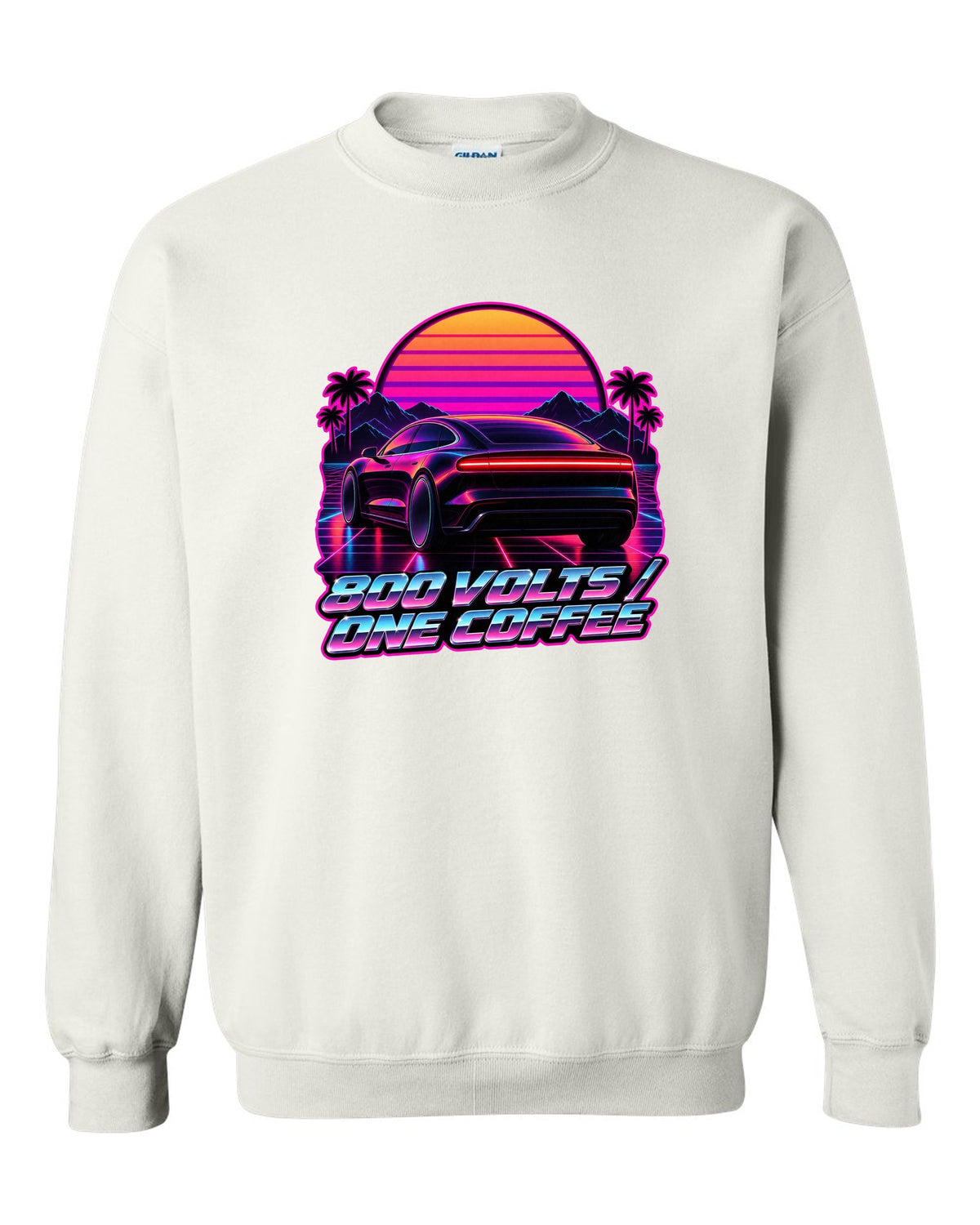 Porsche Taycan Turbo S 9J1 synthwave outrun light bar print with the text 800 volts one coffee white crewneck front view with the design
