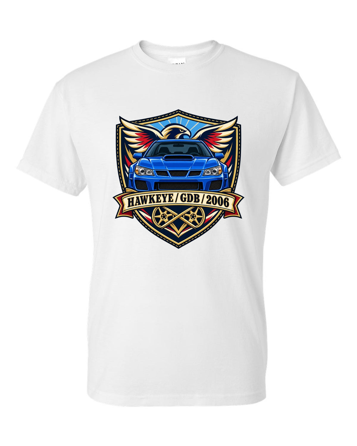 Subaru Impreza WRX STI GDB Hawkeye varsity crest print reading HAWKEYE / GDB / 2006 white t-shirt front view with the design