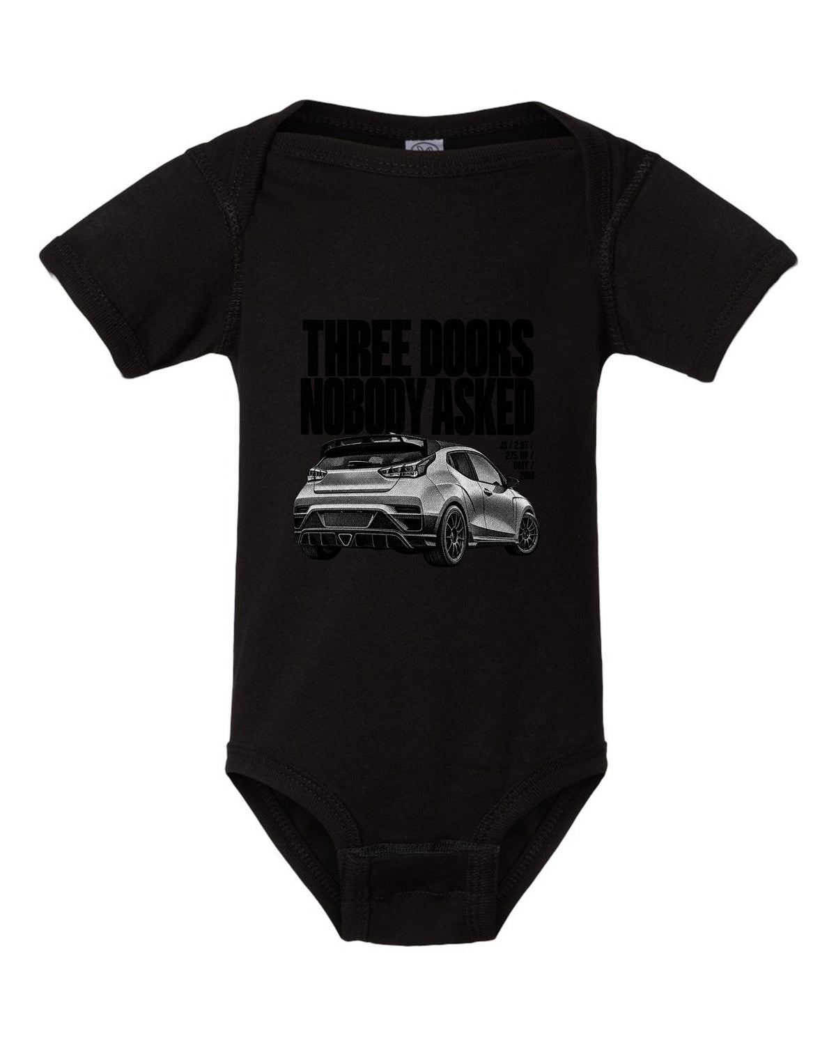 Hyundai Veloster N JS halftone print with three doors text black baby onesie front view with the design