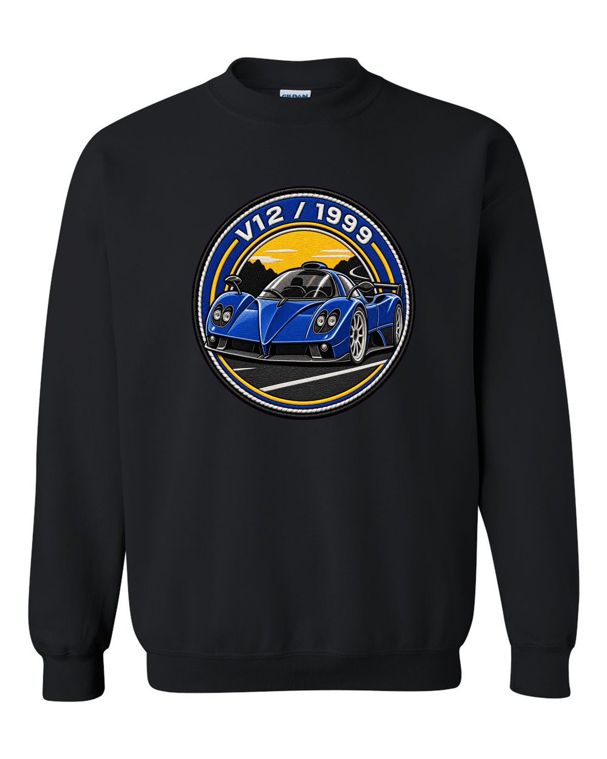 Varsity embroidery-style print for the 1999 Pagani Zonda C12 with V12 and 1999 lettering black crewneck front view with the design