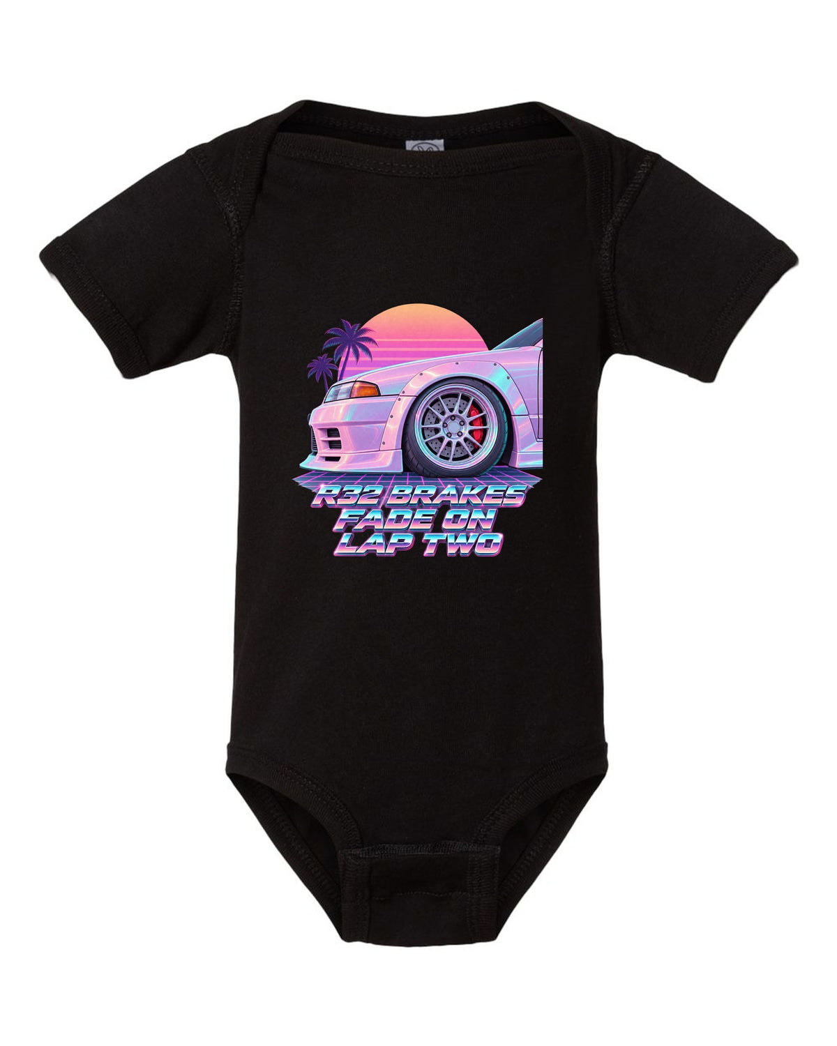 Vaporwave pastel print of a brake wheel with Nissan Skyline GT-R BNR32 brake fade lettering black baby onesie front view with the design