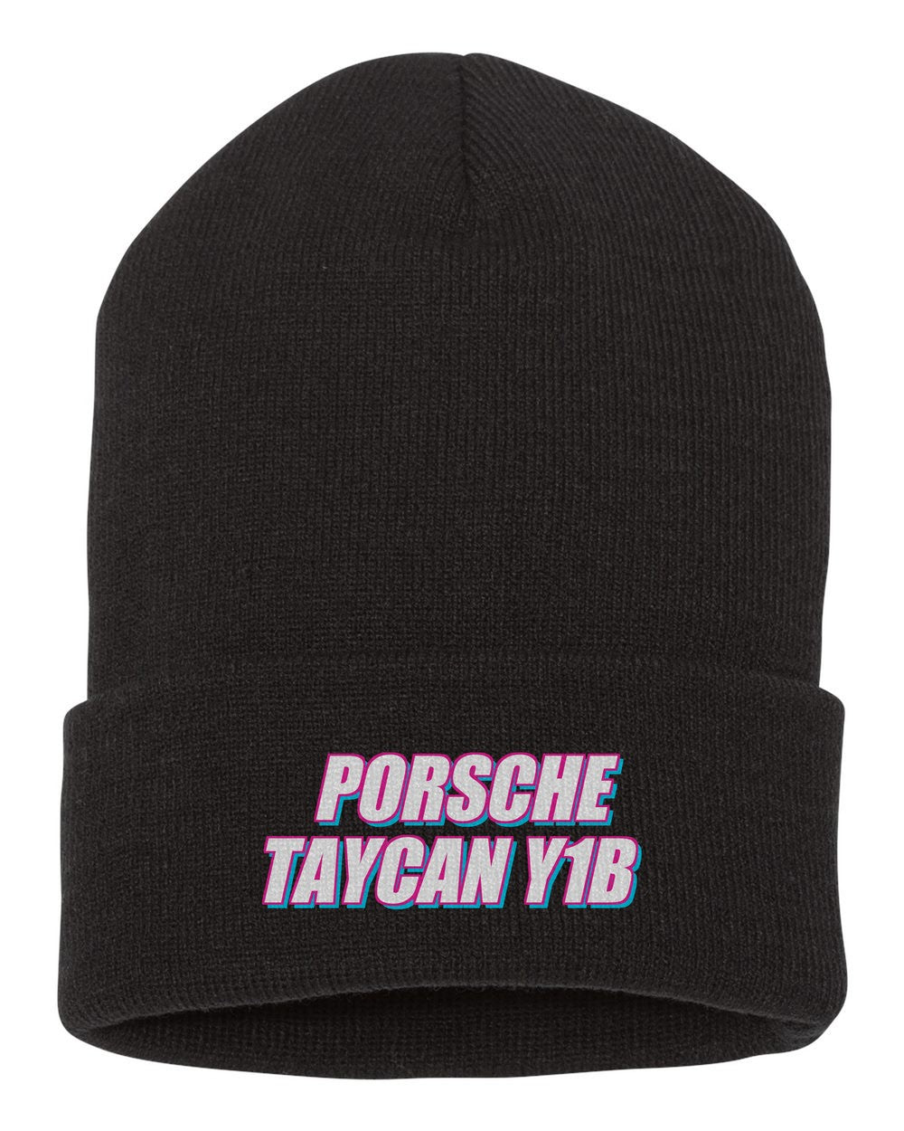 Porsche Taycan Y1B black beanie front view with car name
