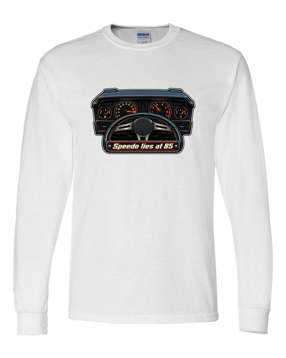 Gauge-cluster HUD print for a Ford Mustang Fox Body GT with speedo text white long sleeve front view with the design