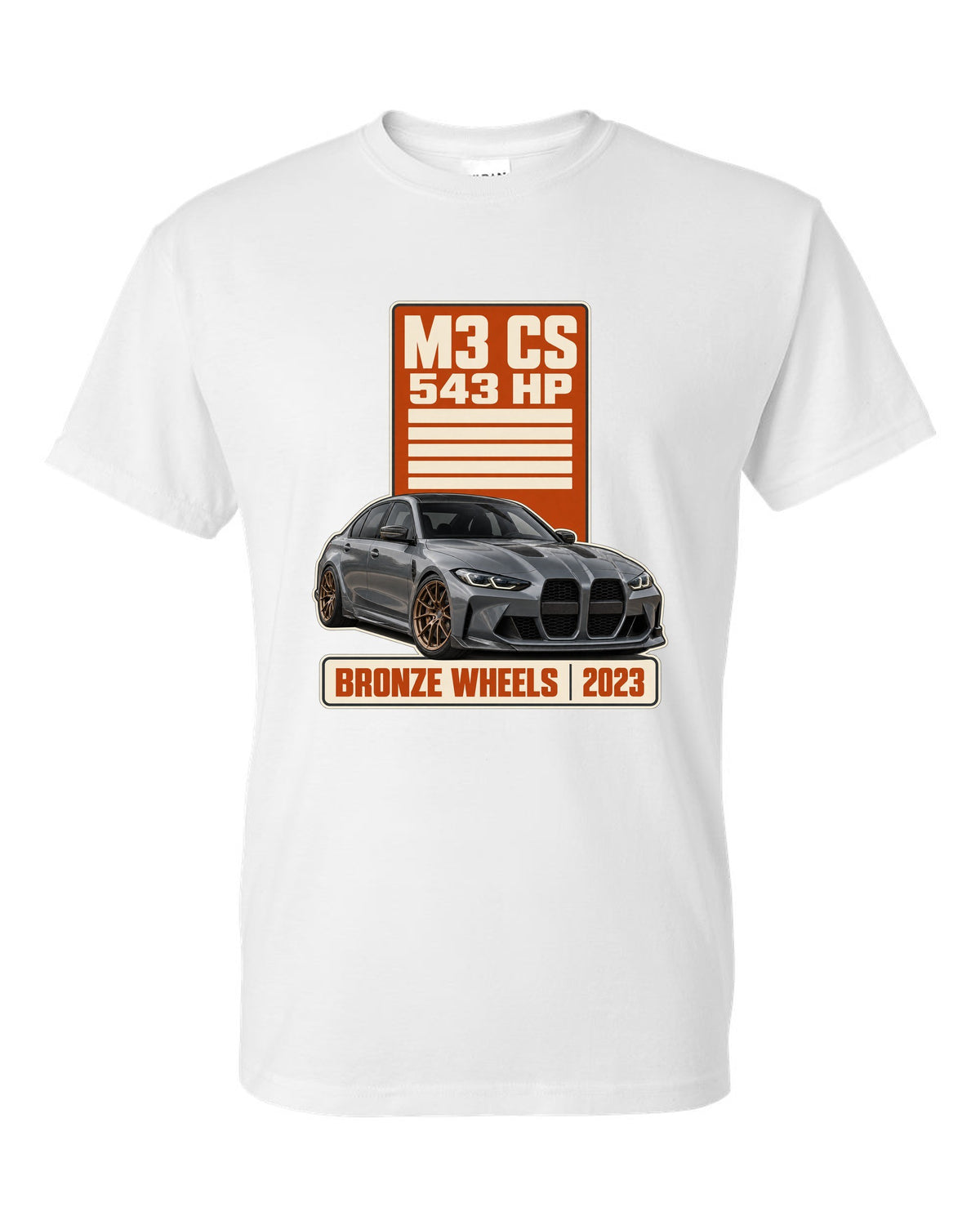 BMW M3 CS G80 spec poster print with 543 hp and bronze wheels text white t-shirt front view with the design